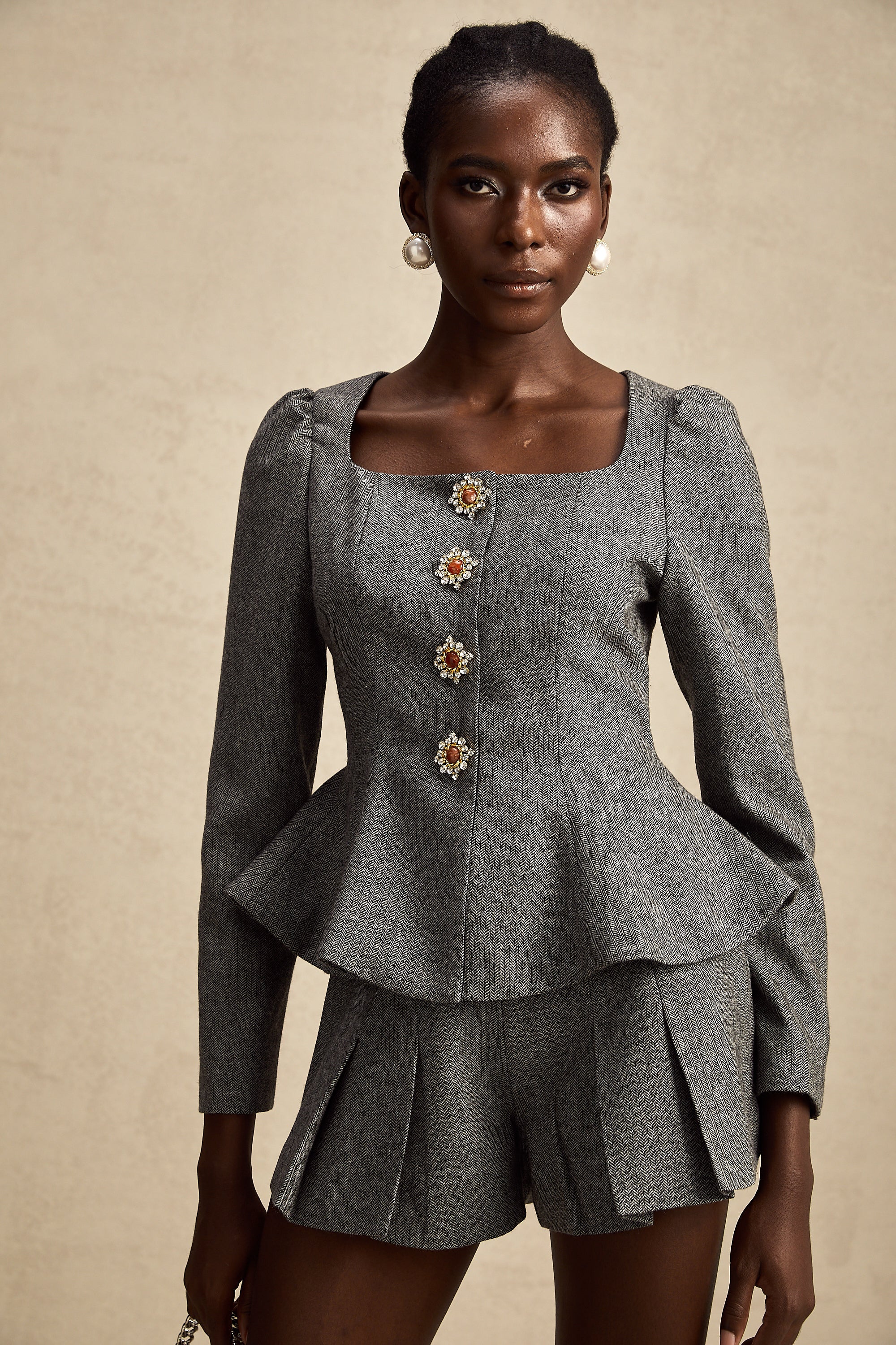 Agathe grey herringbone top & shorts matching set (Final Sale-US Only)