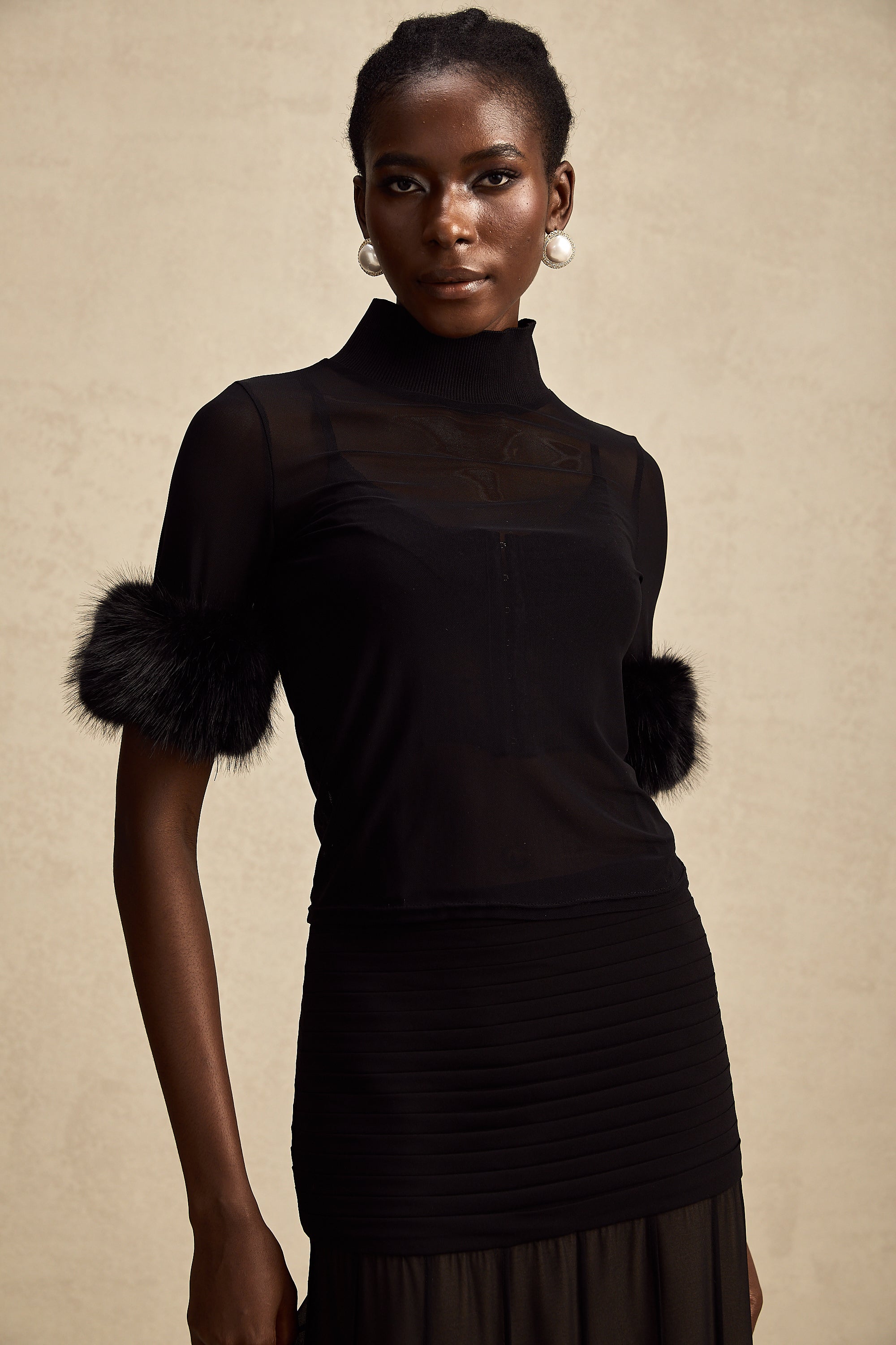 Ségolène black faux-fur tulle top (Final Sale-US Only)