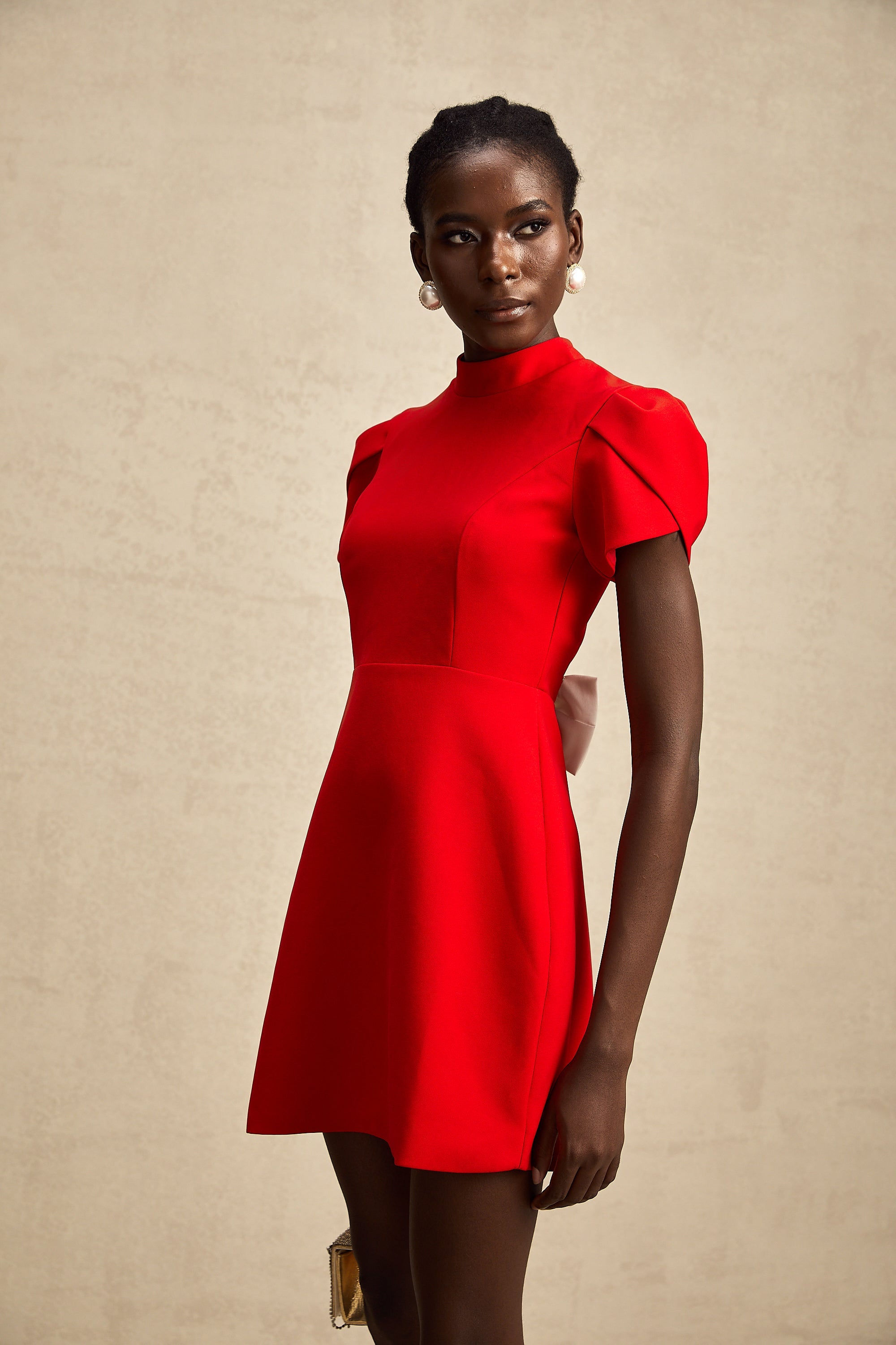 Anna red petal-sleeve cut-out bow mini dress (Final Sale)