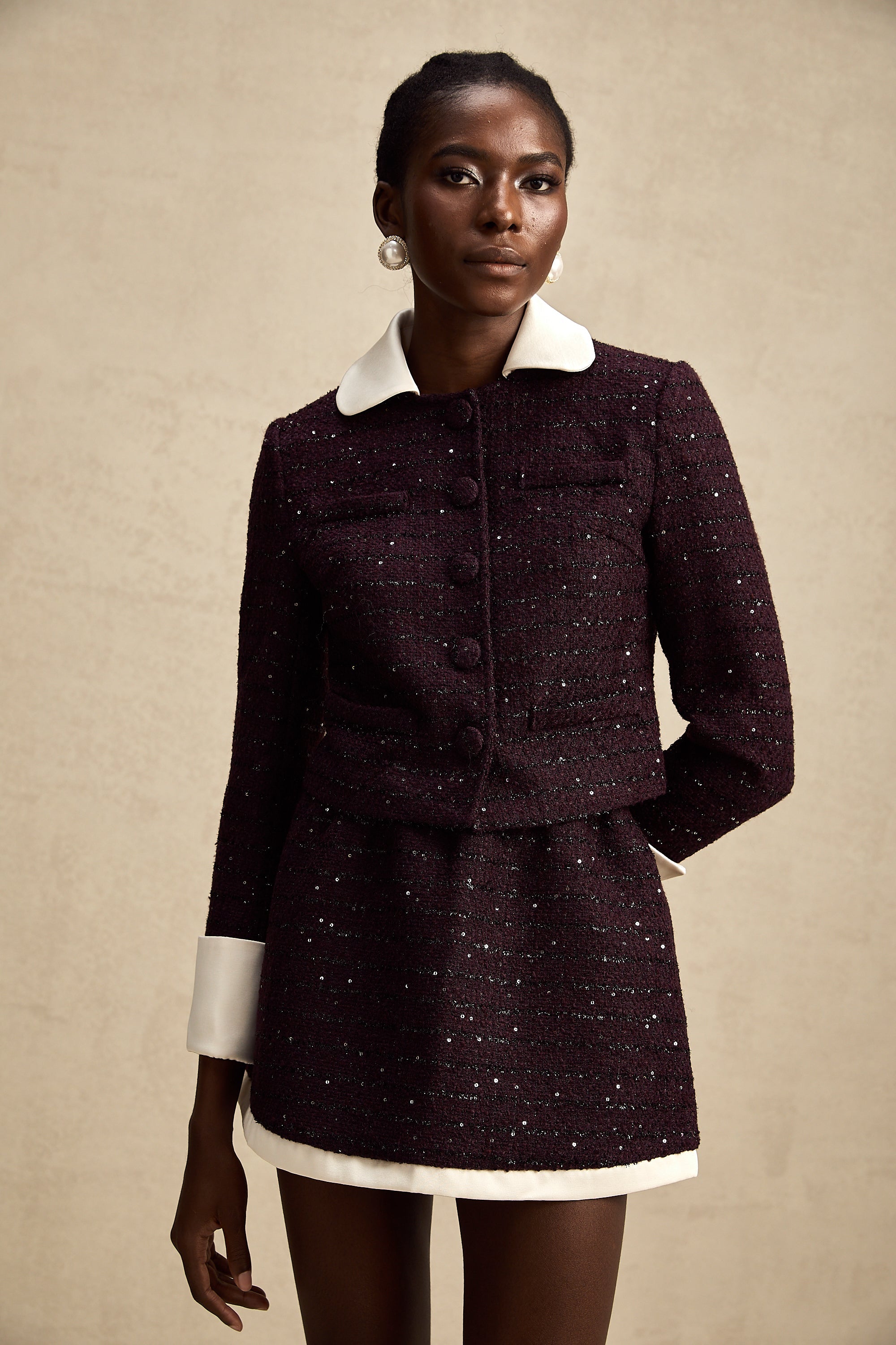 Brigitte purple sequined tweed jacket & skirt matching set (Final Sale-US Only)