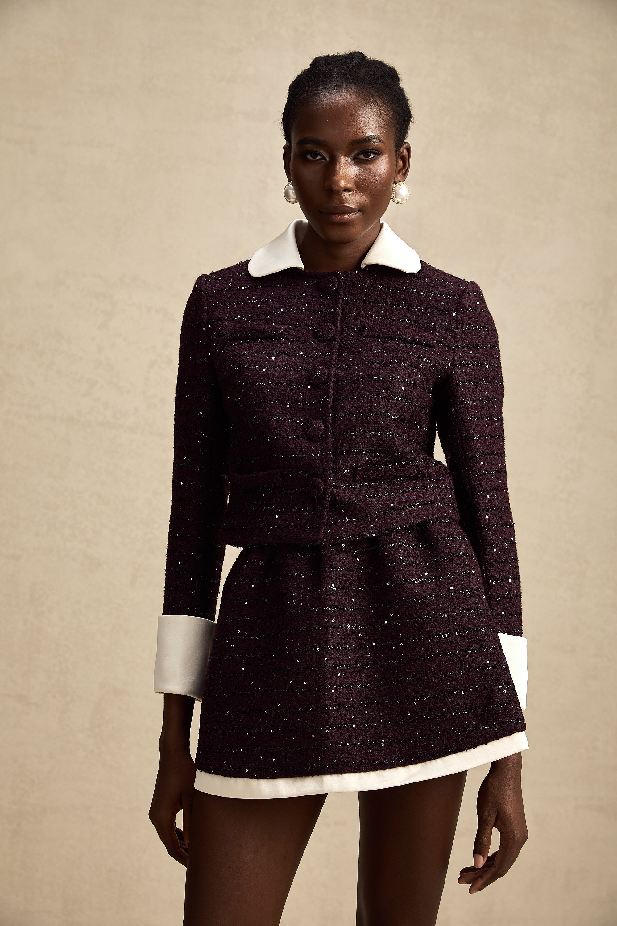 Brigitte purple sequined tweed jacket & skirt matching set (Final Sale-US Only)