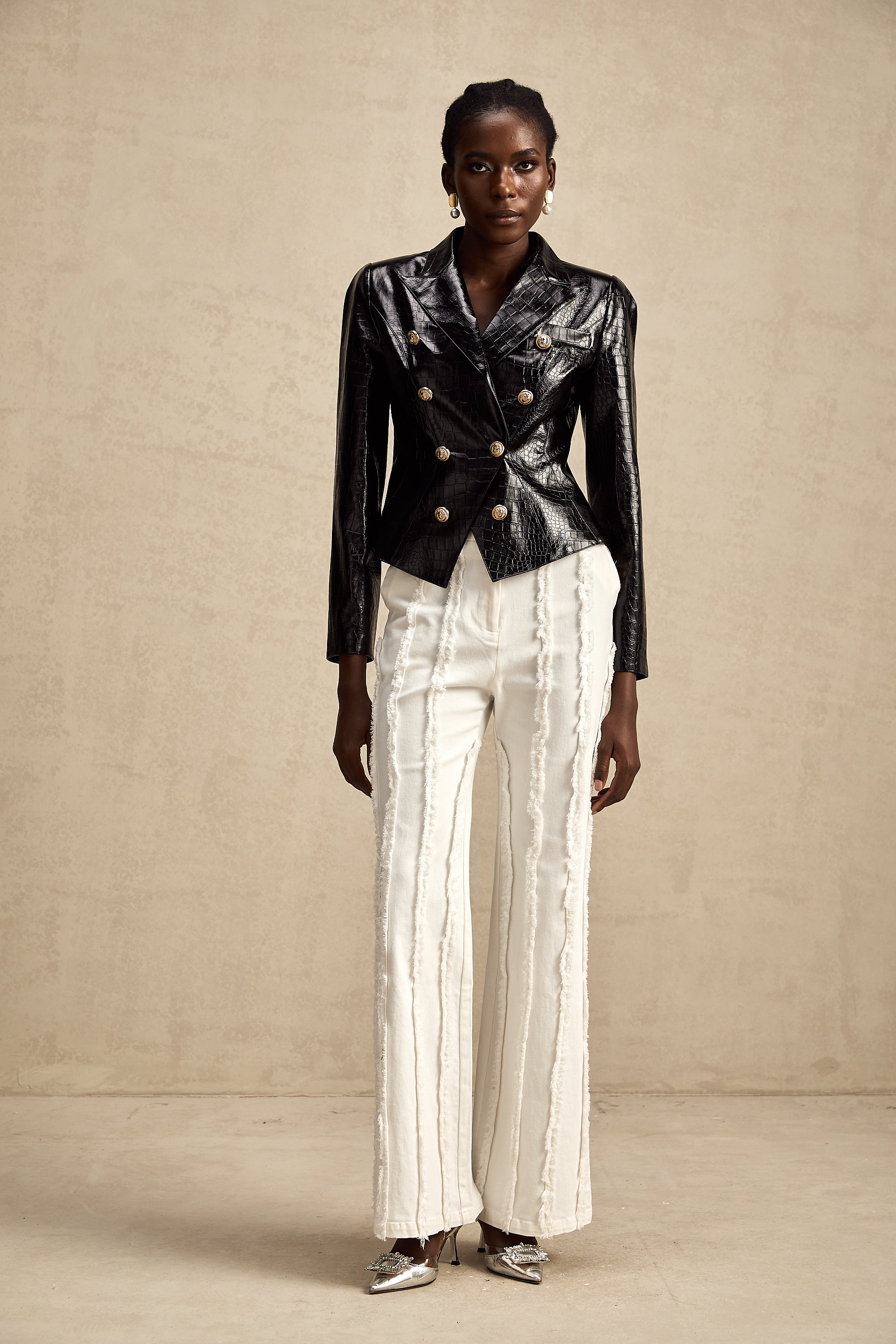 Élodie black cinched-waist leather jacket (Final Sale)
