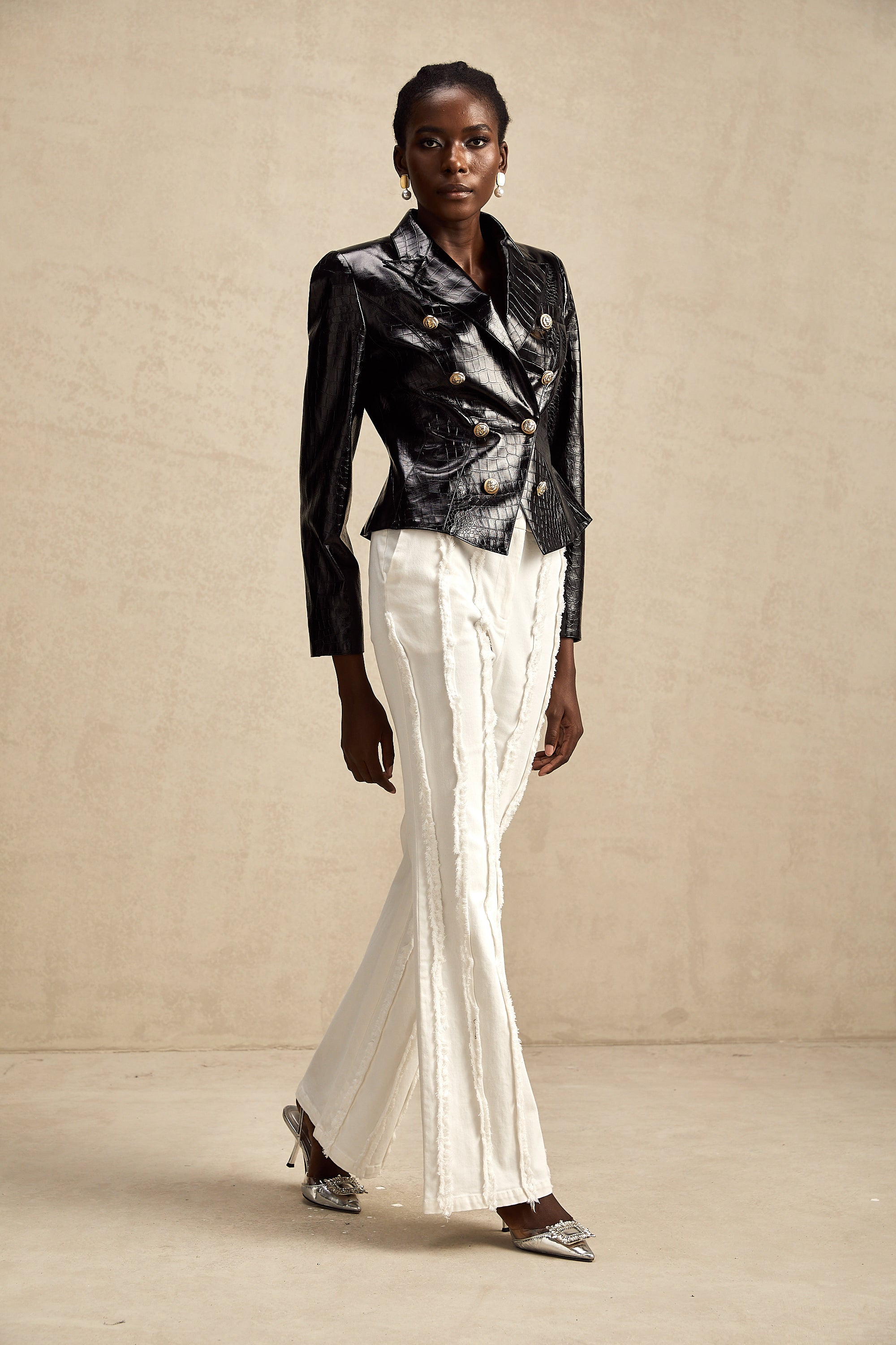 Élodie black cinched-waist leather jacket (Final Sale)
