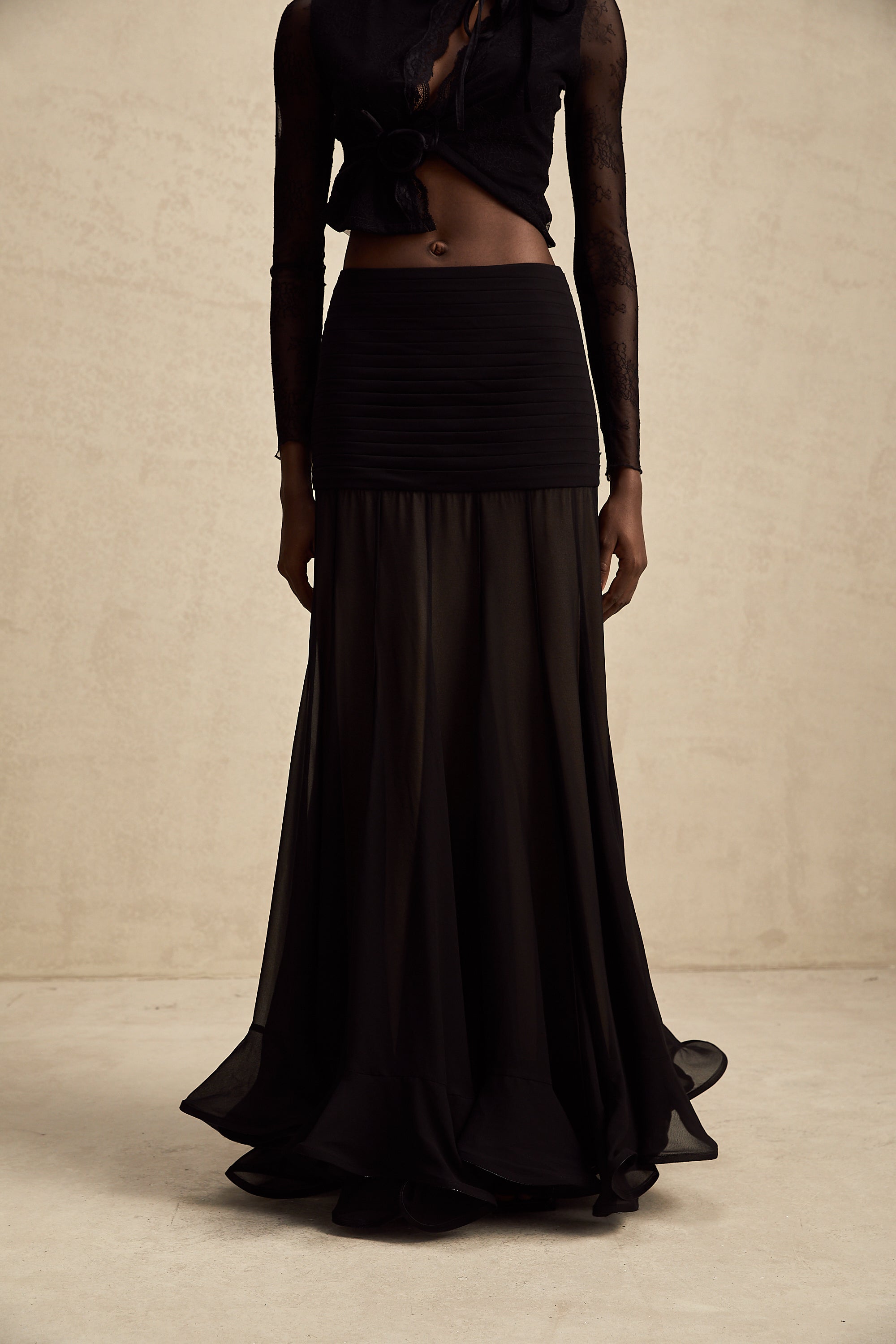 Jacqueline rayon ruffle pleated tulle maxi skirt (Final Sale)