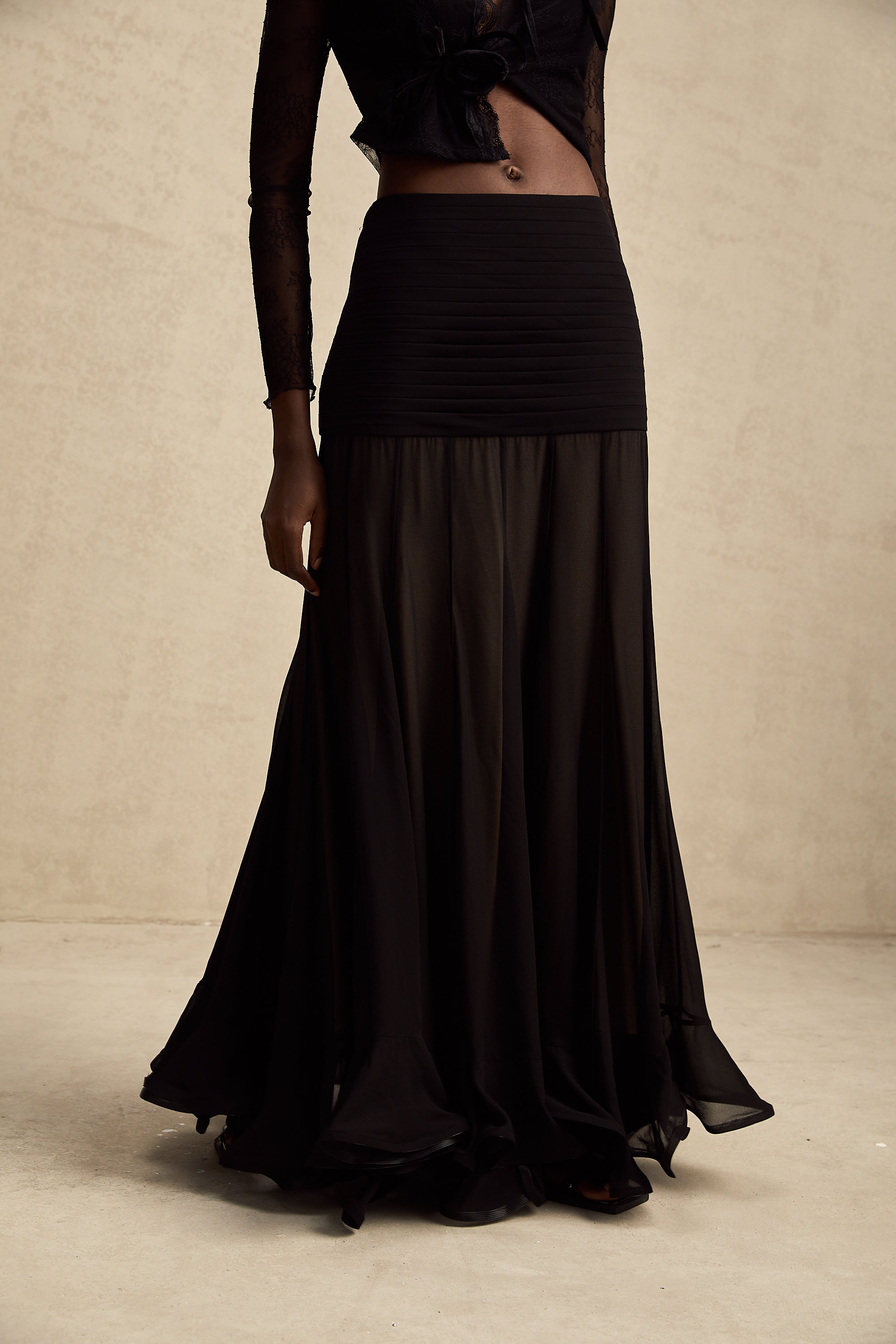 Jacqueline rayon ruffle pleated tulle maxi skirt (Final Sale)
