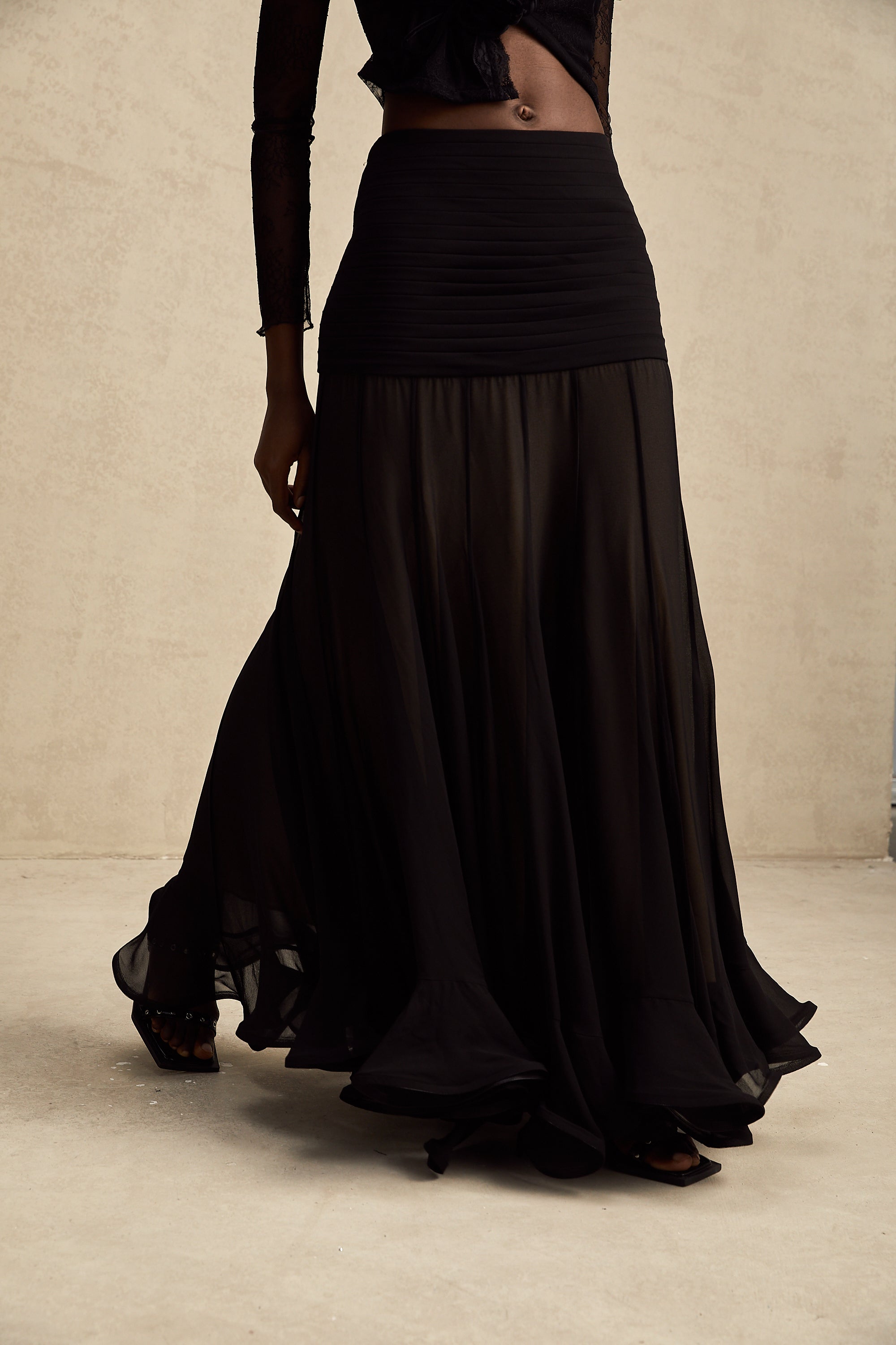 Jacqueline rayon ruffle pleated tulle maxi skirt (Final Sale)