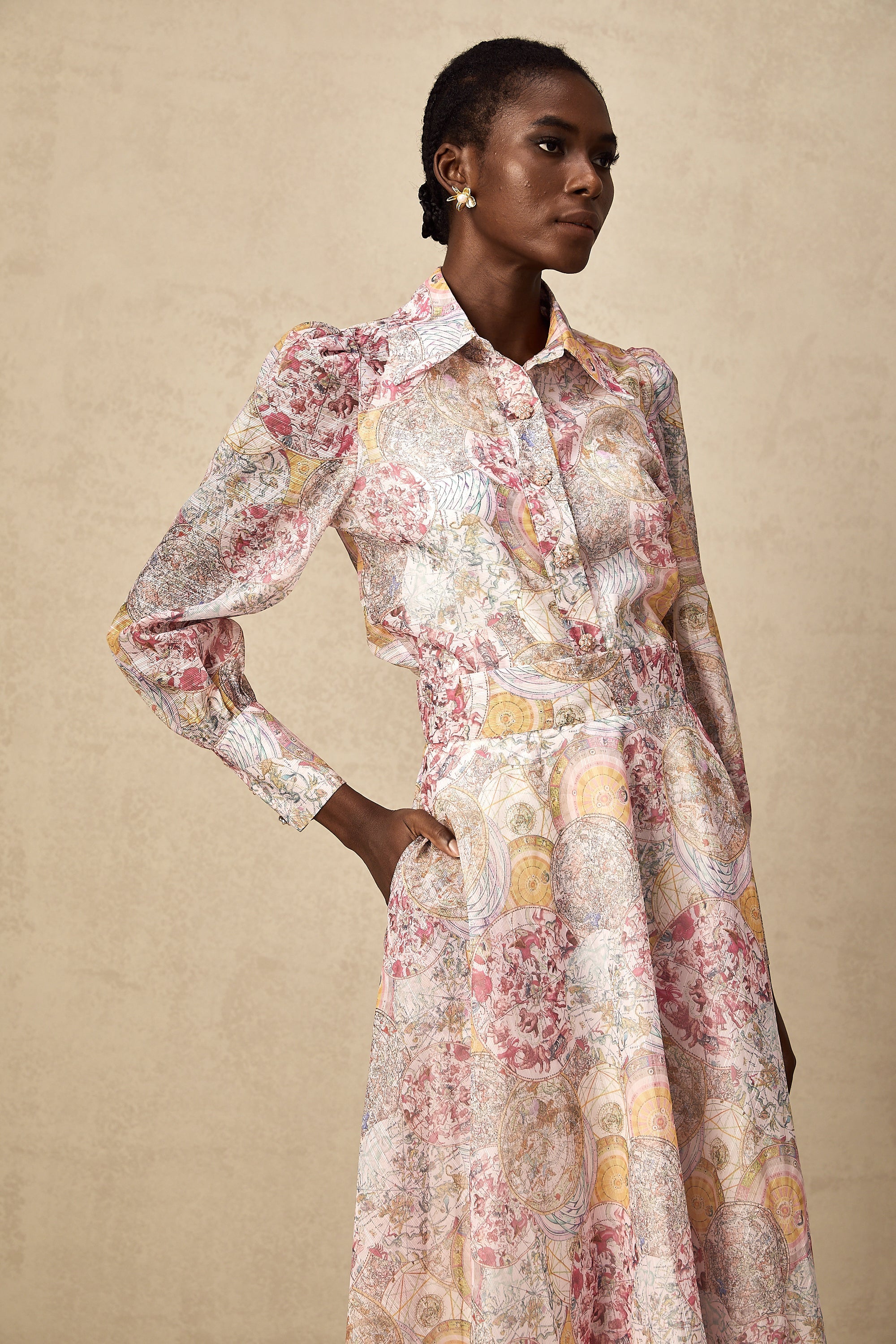 Cherry pink pattern-print shirt & skirt matching set（Final Sale-US Only)