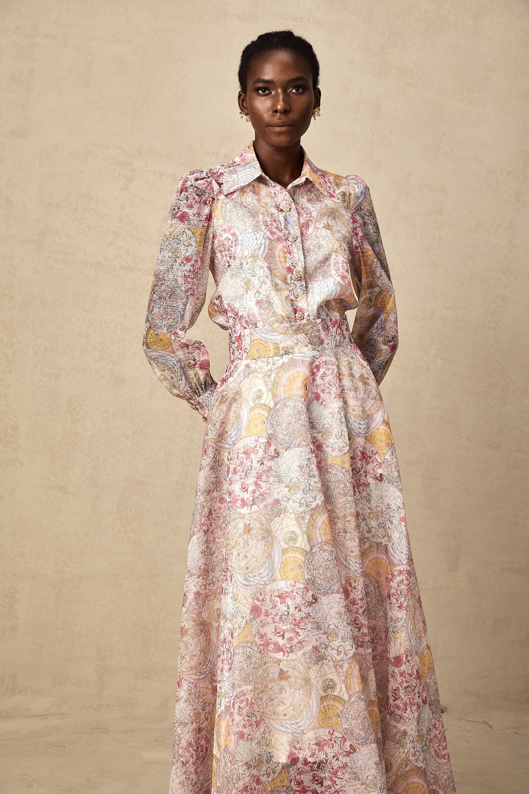 Cherry pink pattern-print shirt & skirt matching set（Final Sale-US Only)