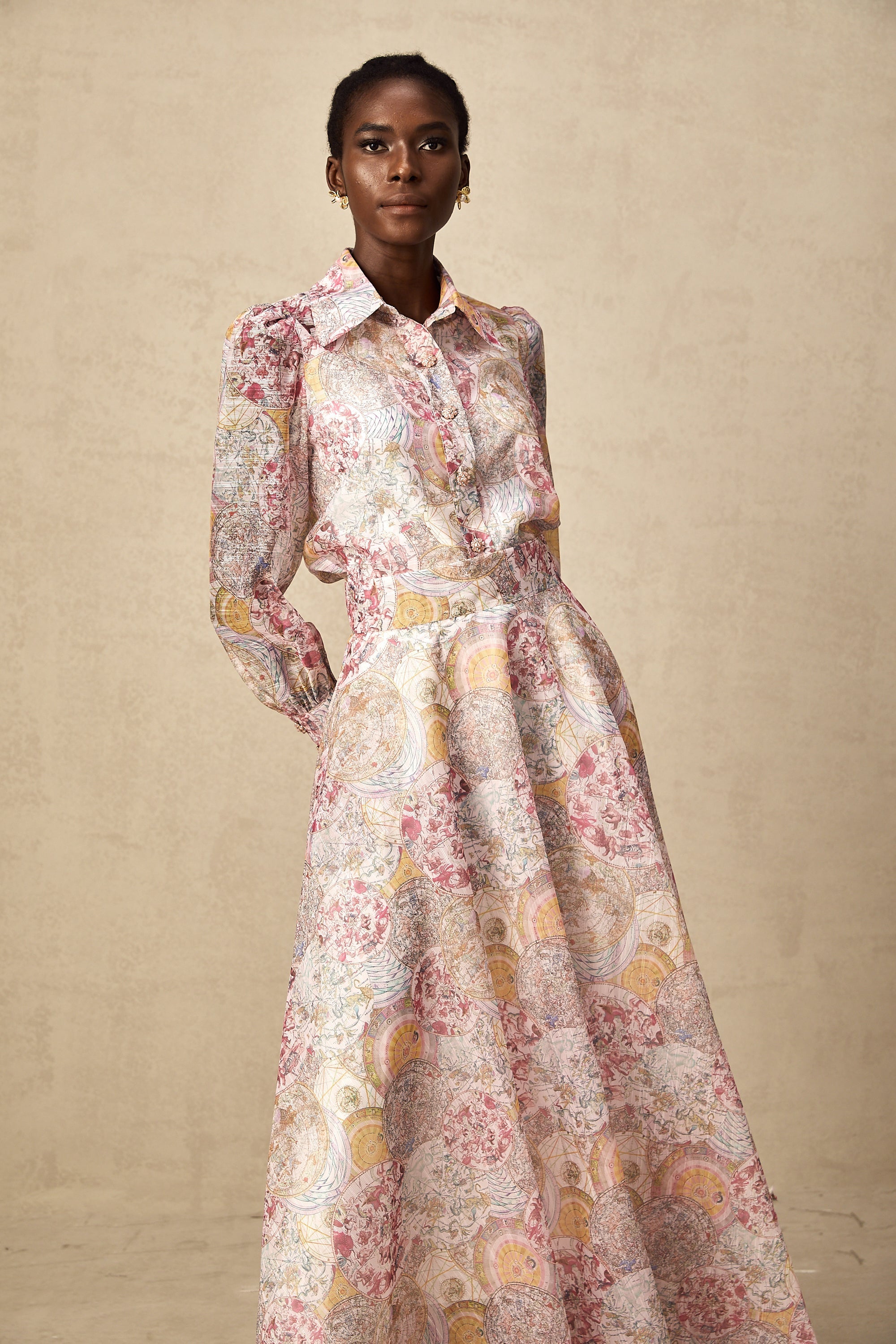 Cherry pink pattern-print shirt & skirt matching set（Final Sale）