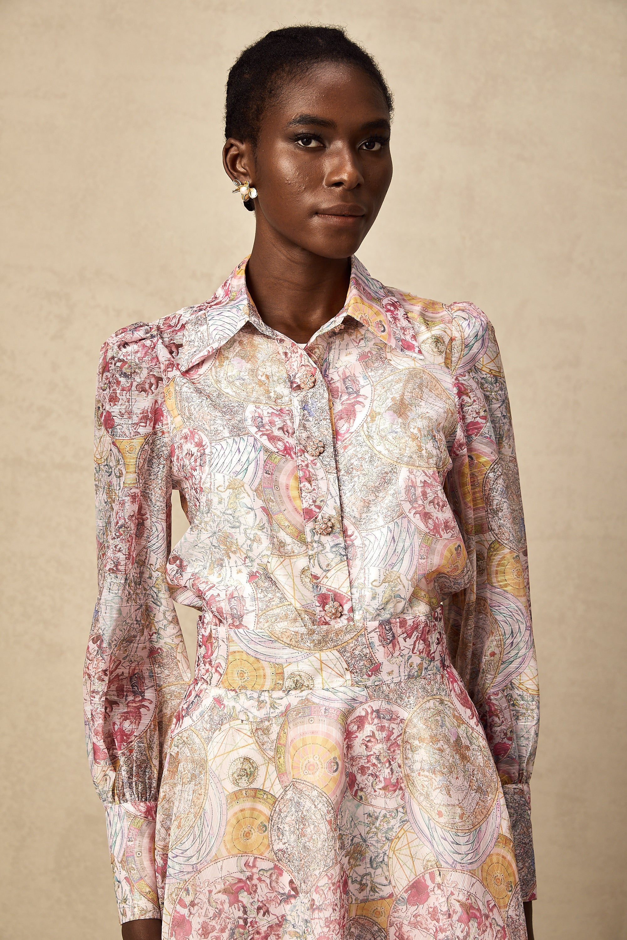Cherry pink pattern-print shirt & skirt matching set（Final Sale-US Only)