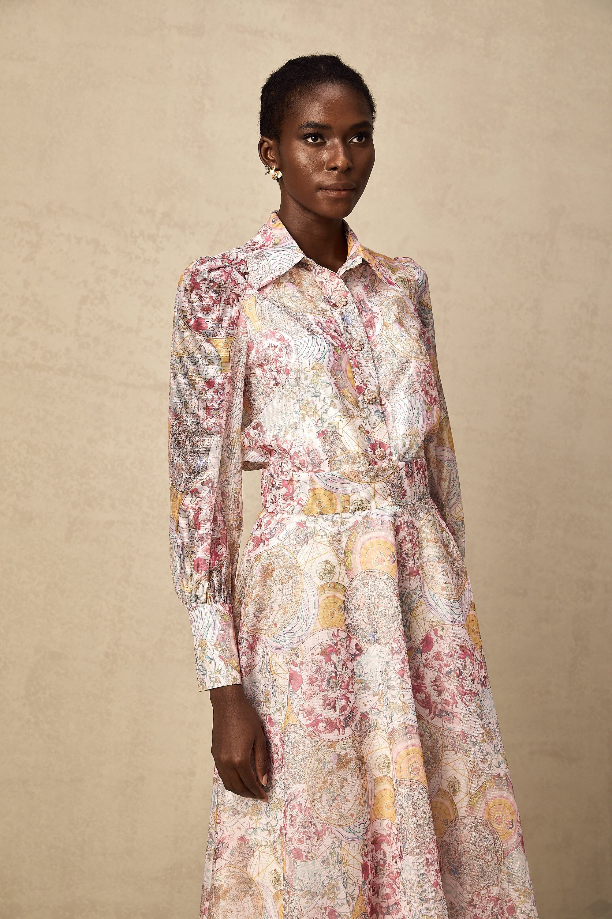 Cherry pink pattern-print shirt & skirt matching set（Final Sale-US Only)