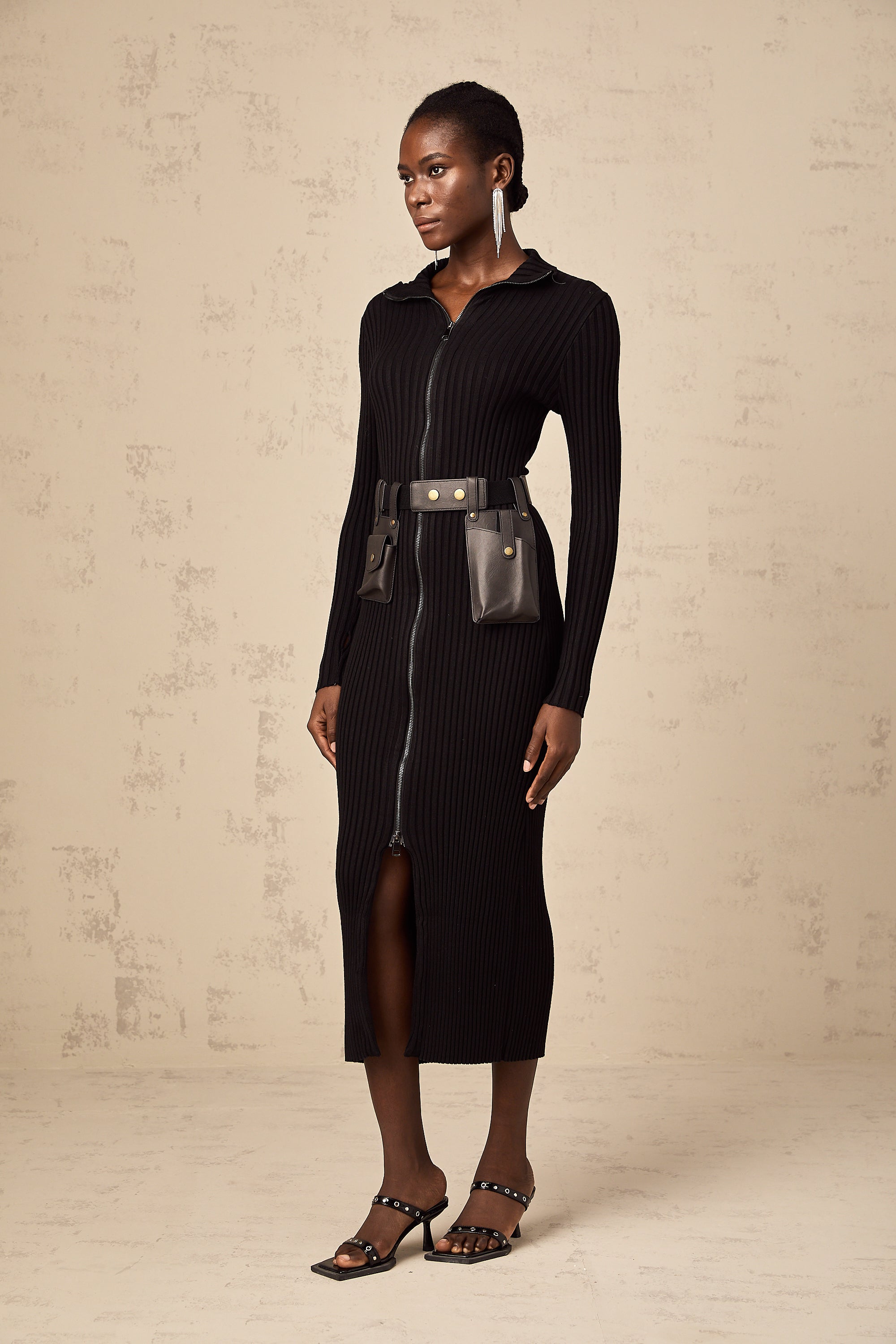 Nicoletta black front-zip belted knit midi dress (Final Sale)