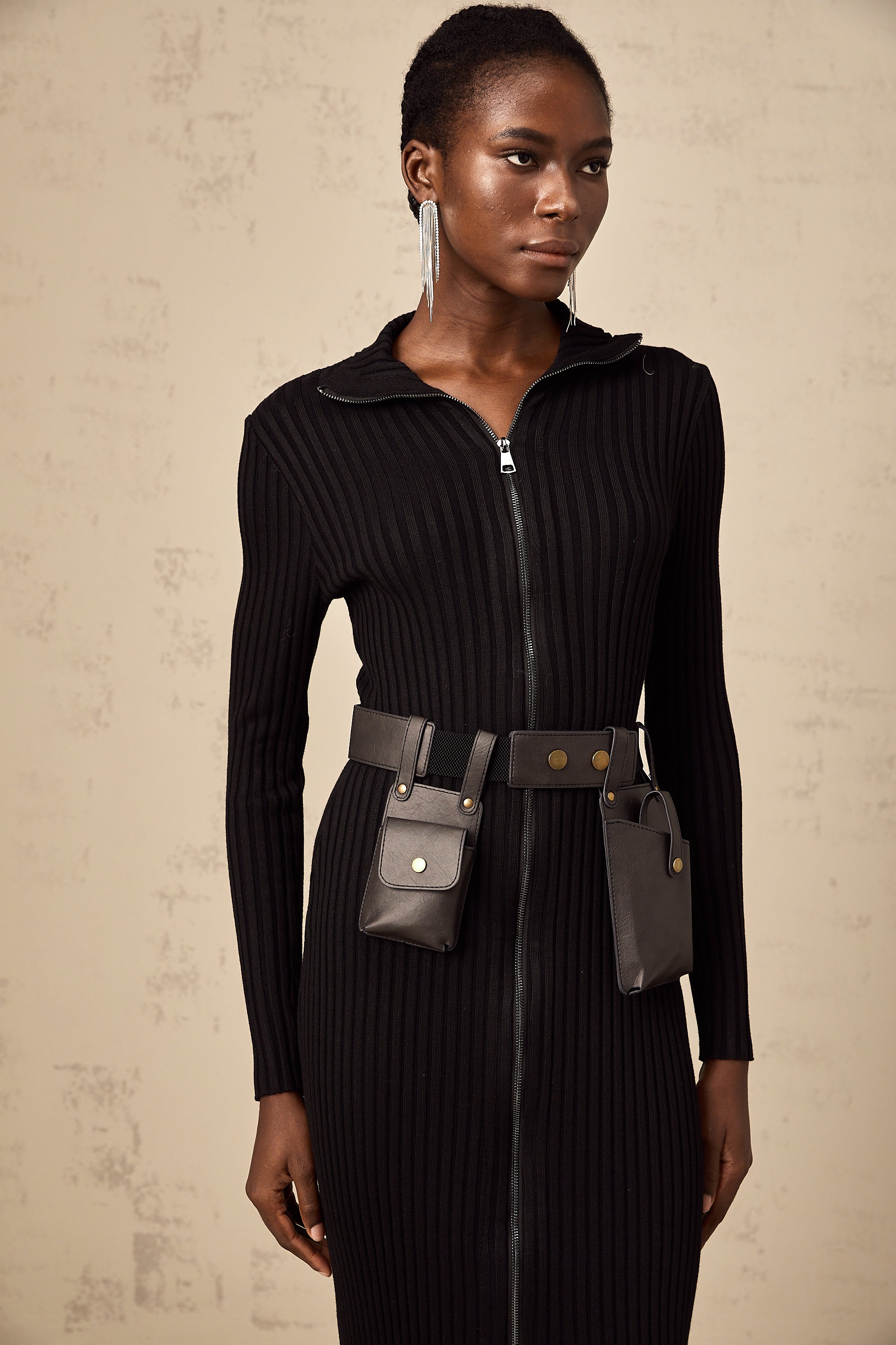 Nicoletta black front-zip belted knit midi dress (Final Sale)