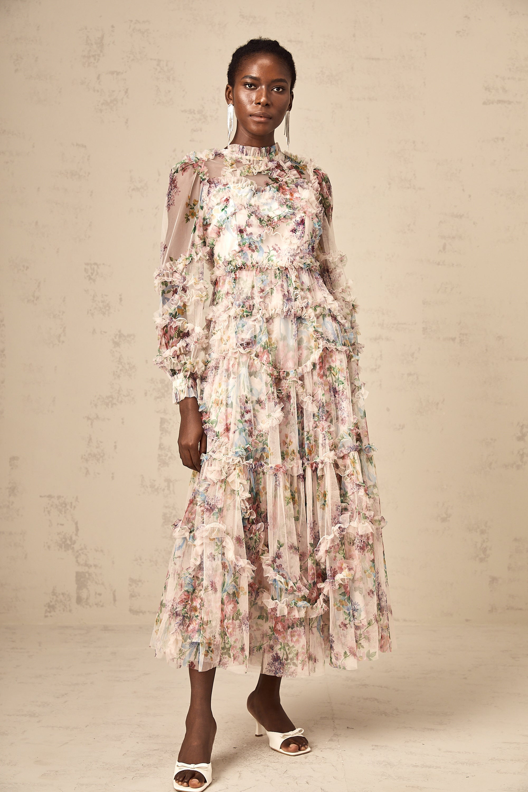 Candice floral ruffled tulle midi dress (Final Sale-US Only)