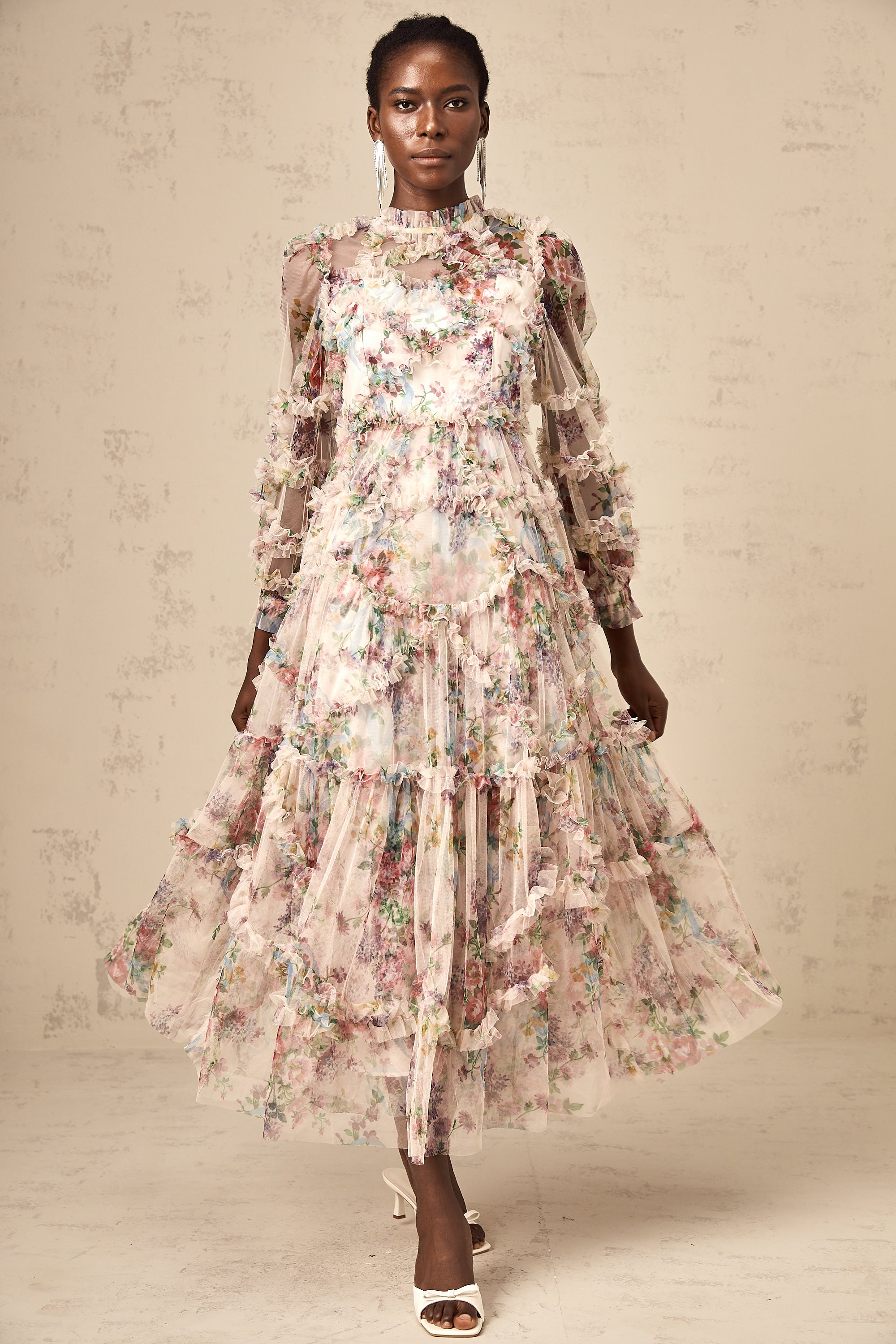Candice floral ruffled tulle midi dress (Final Sale-US Only)