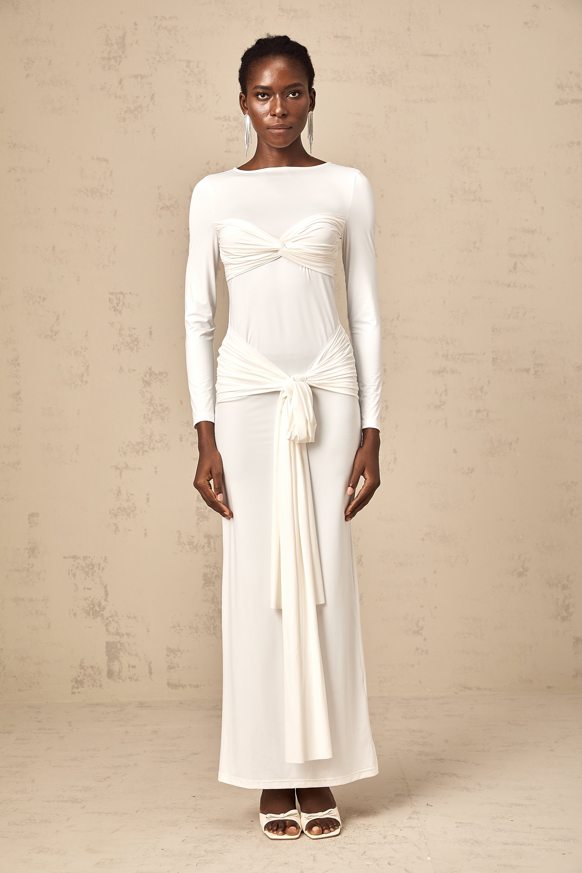 Elena white ribbon twist-detail ruched maxi dress (Final Sale-US Only)