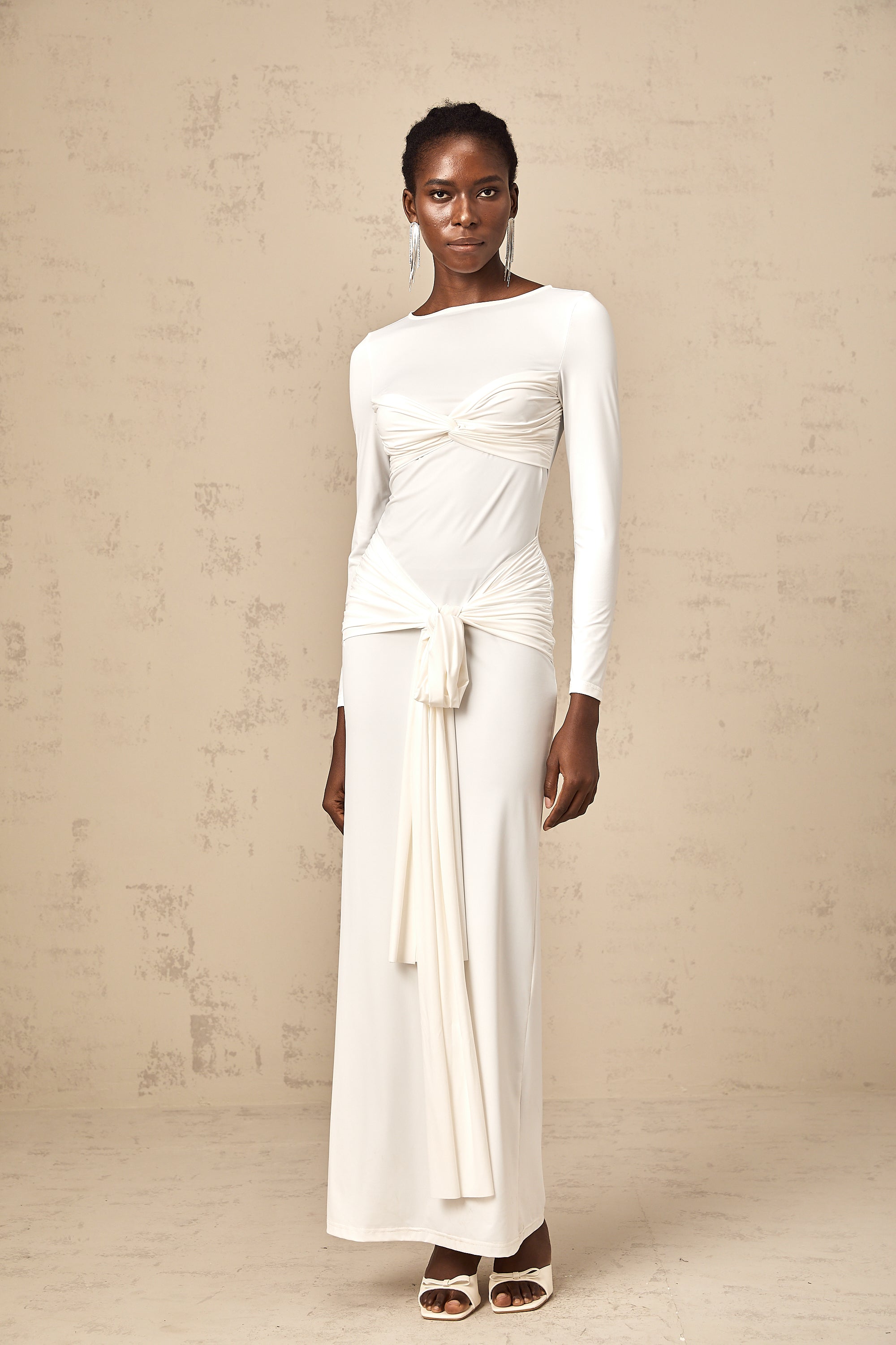 Elena white ribbon twist-detail ruched maxi dress (Final Sale-US Only)