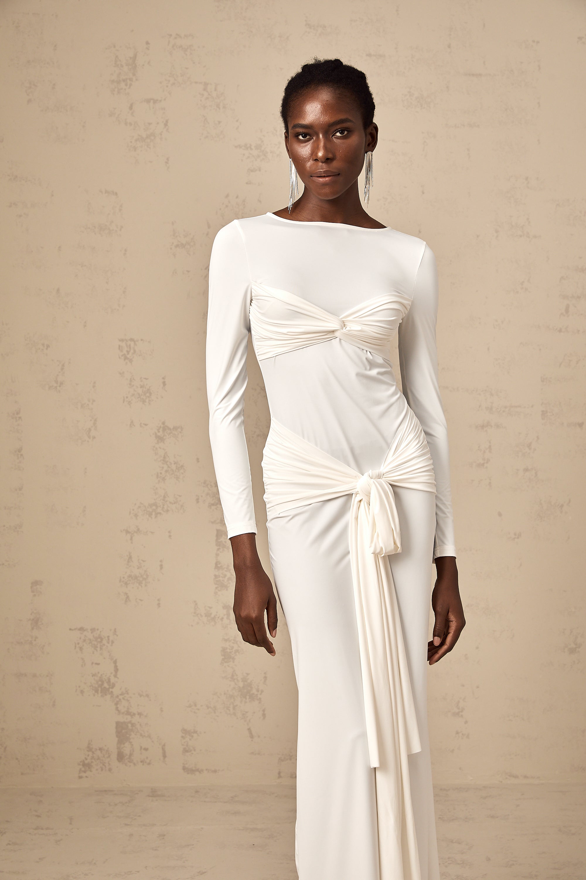 Elena white ribbon twist-detail ruched maxi dress (Final Sale-US Only)