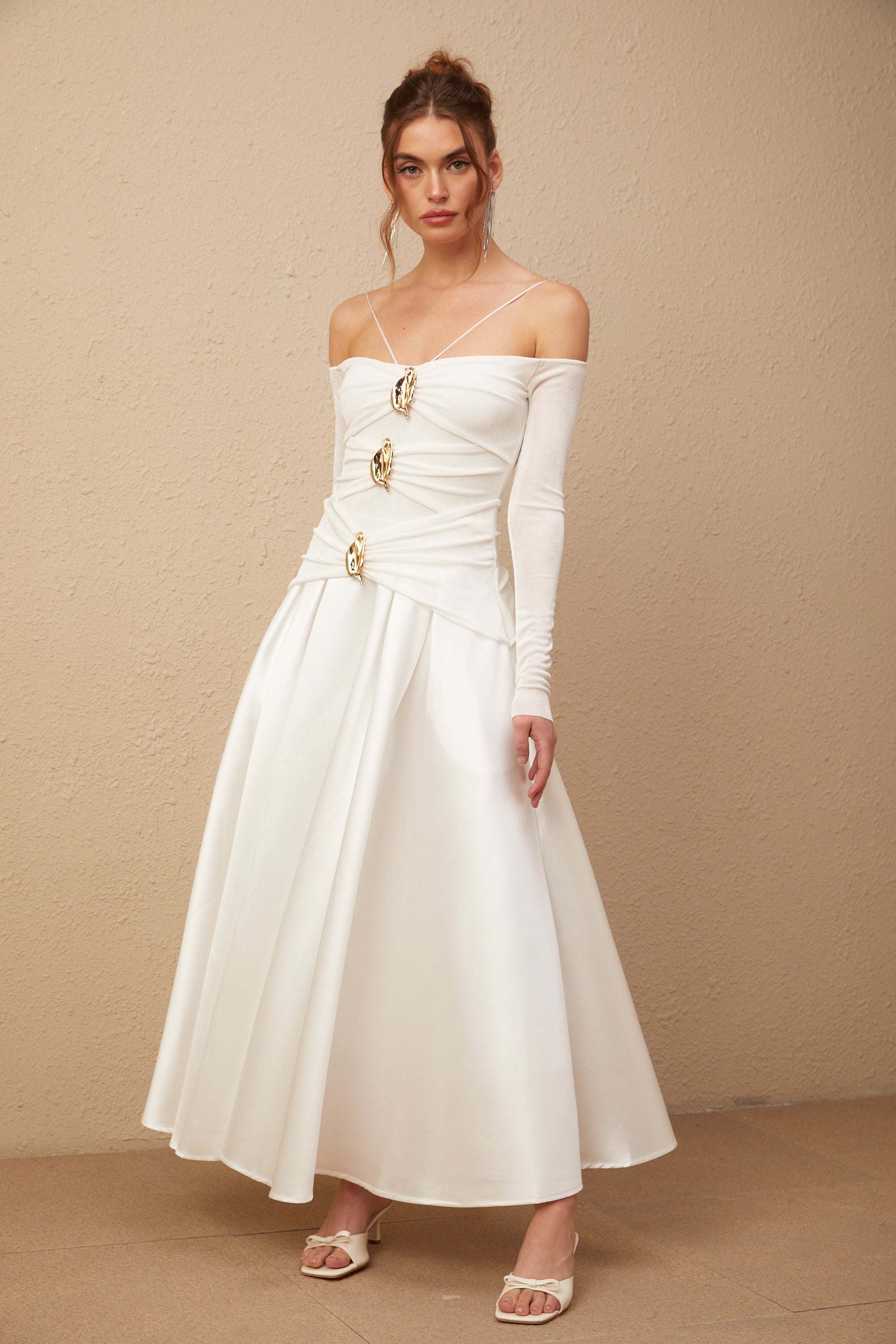 Nadine off-shoulder panelled maxi dress in White (Final Sale)