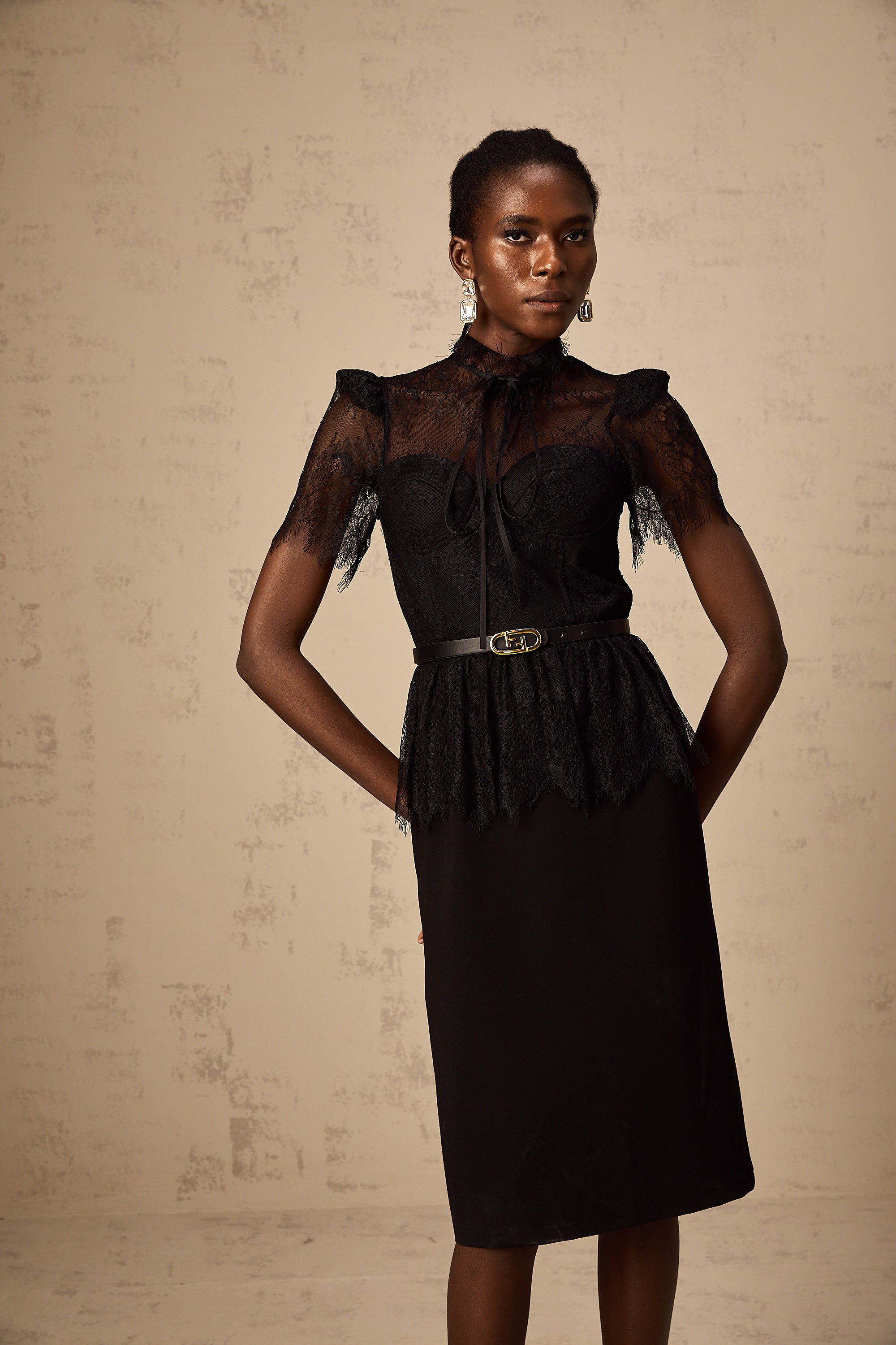Thérèse black guipure-lace panelled midi dress (Without belt) (Final Sale)