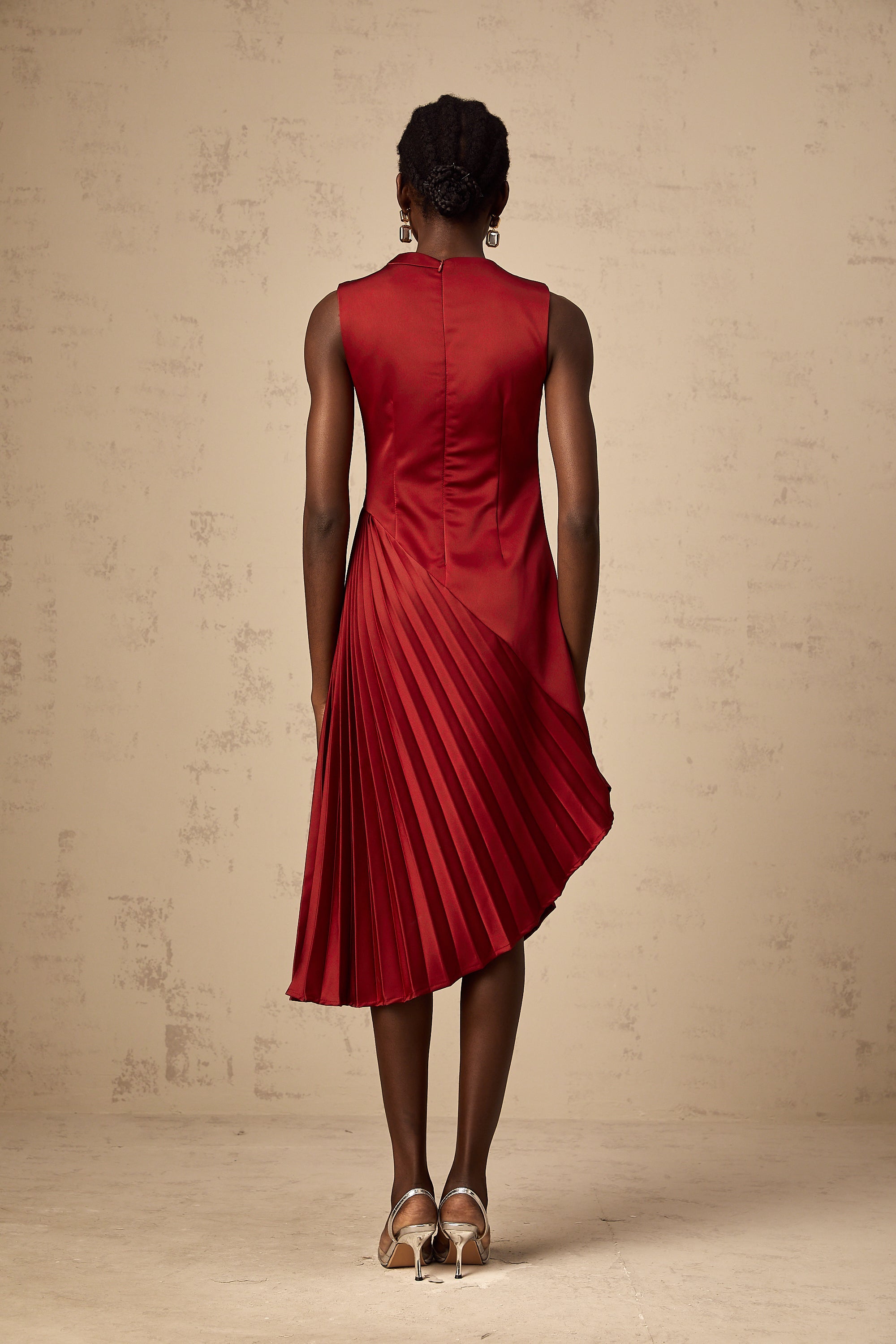 Merle wine red asymmetrical pleated midi dress (Final Sale-US Only)