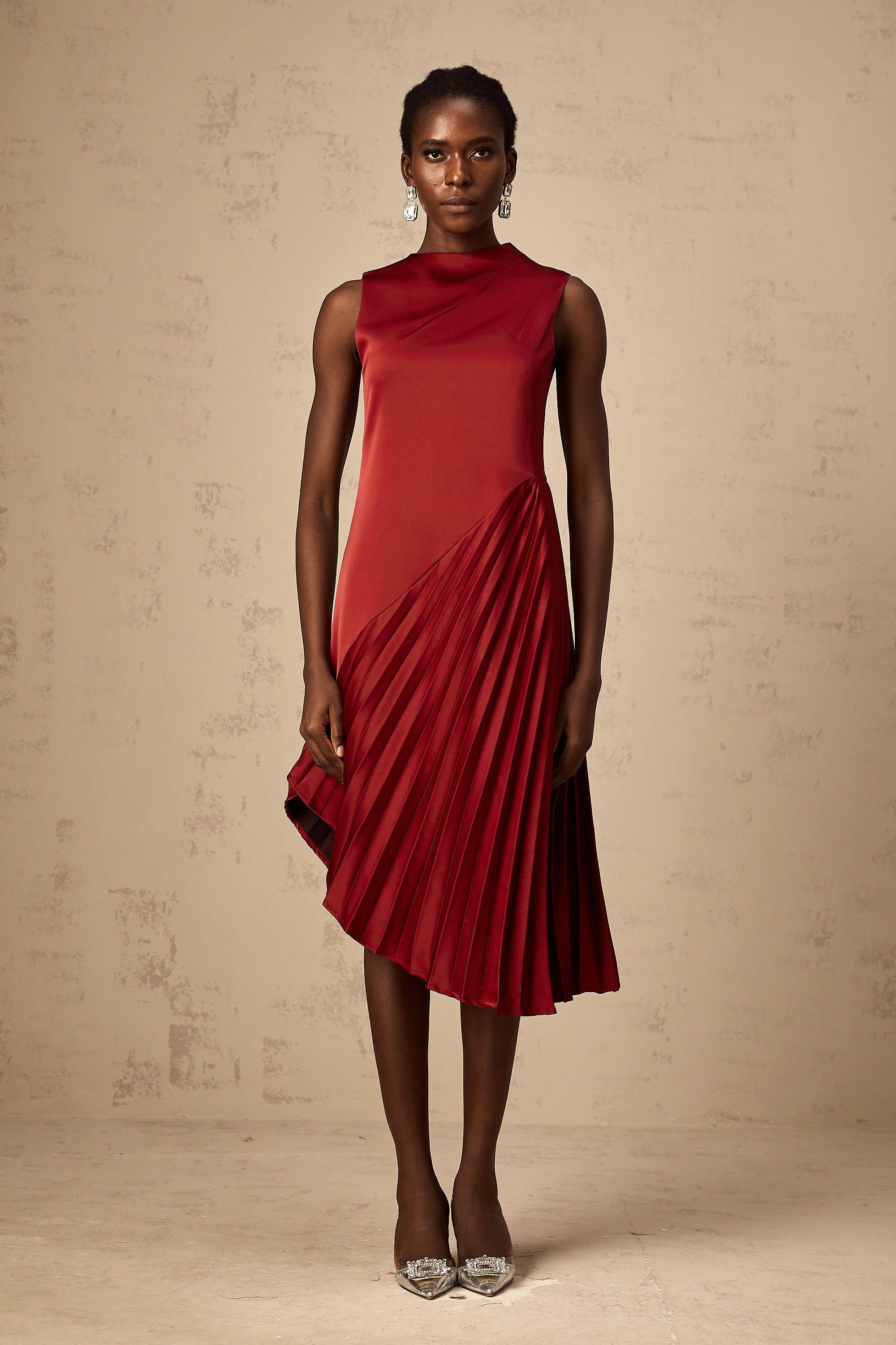 Merle wine red asymmetrical pleated midi dress (Final Sale-US Only)