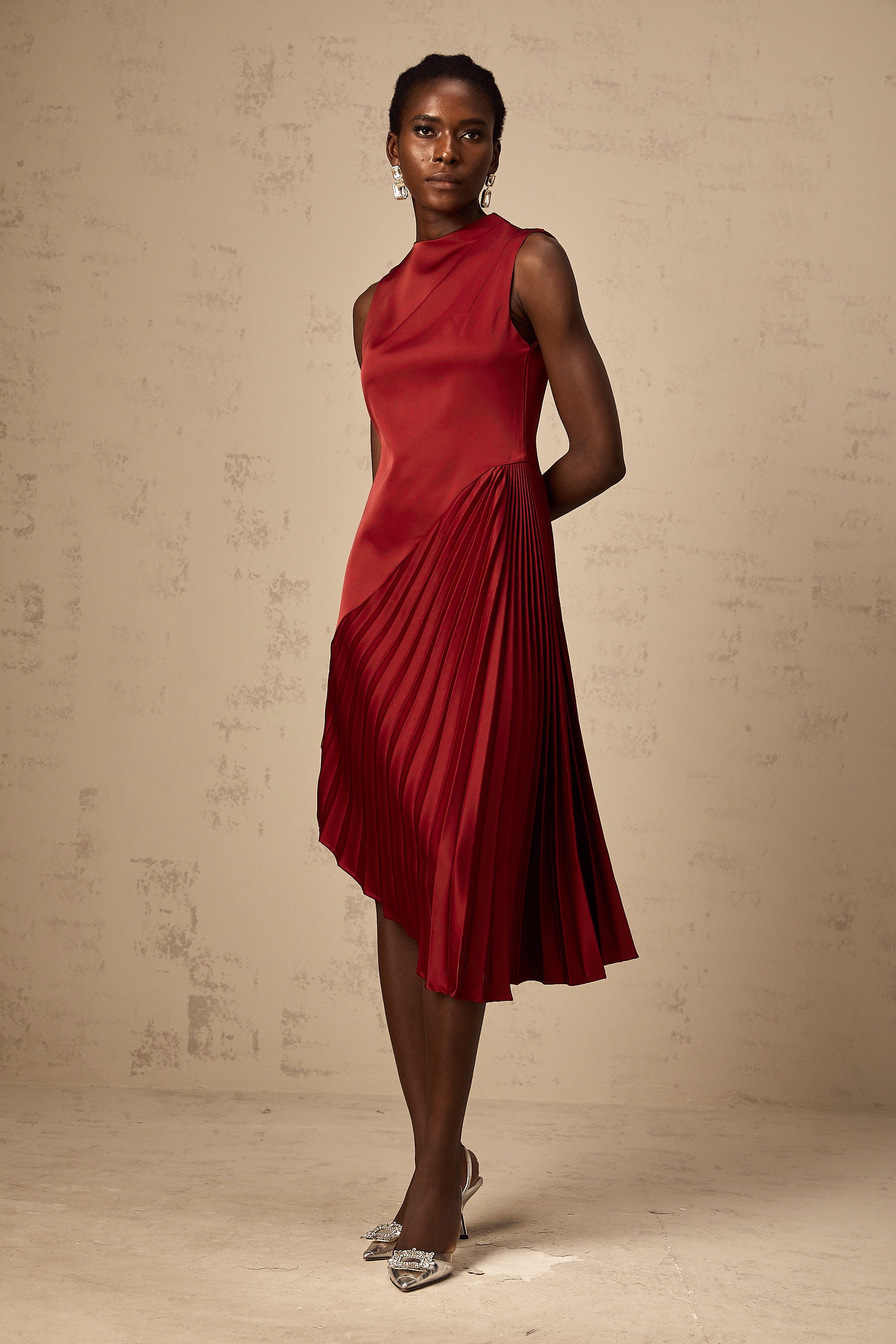 Merle wine red asymmetrical pleated midi dress (Final Sale-US Only)
