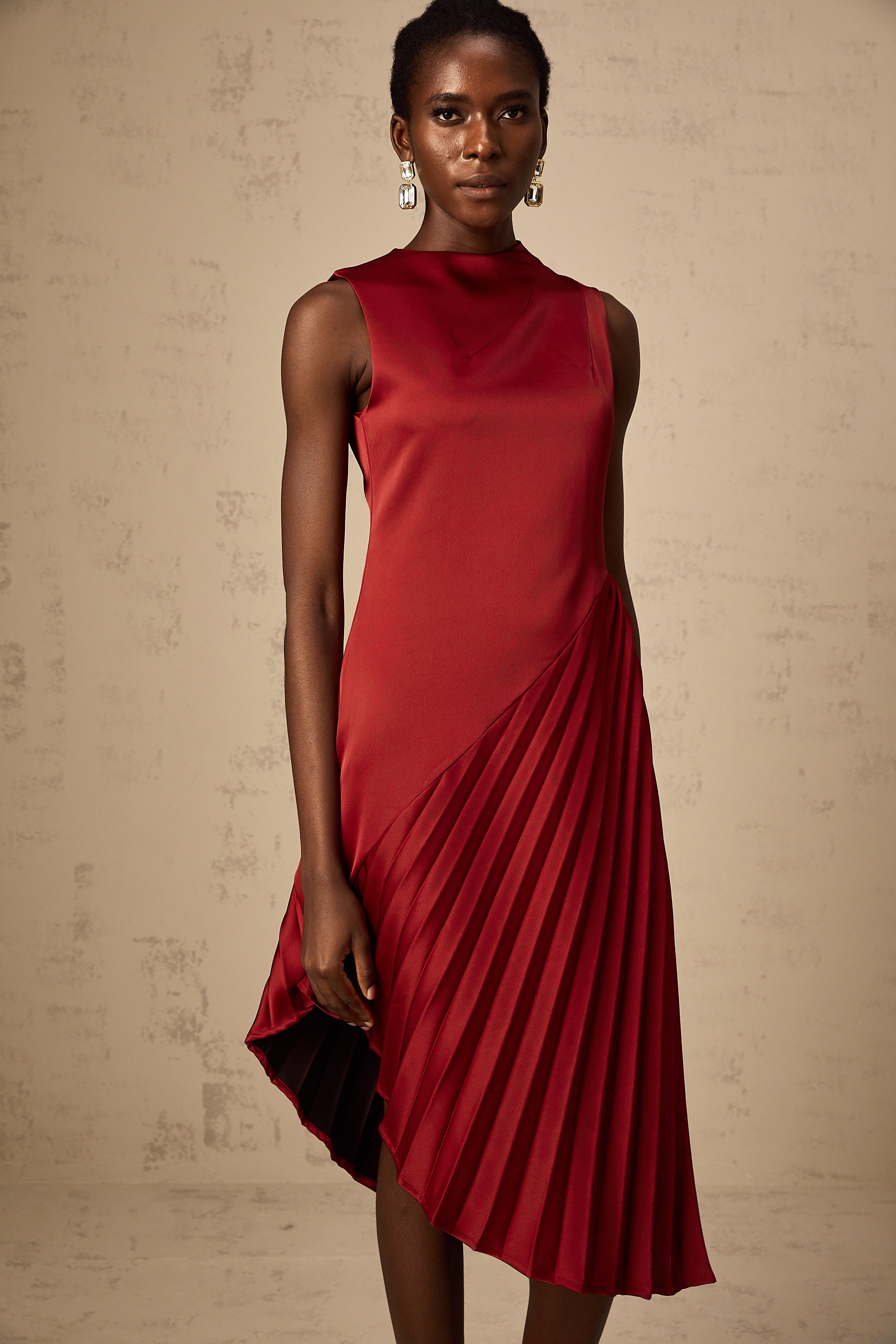 Merle wine red asymmetrical pleated midi dress (Final Sale-US Only)
