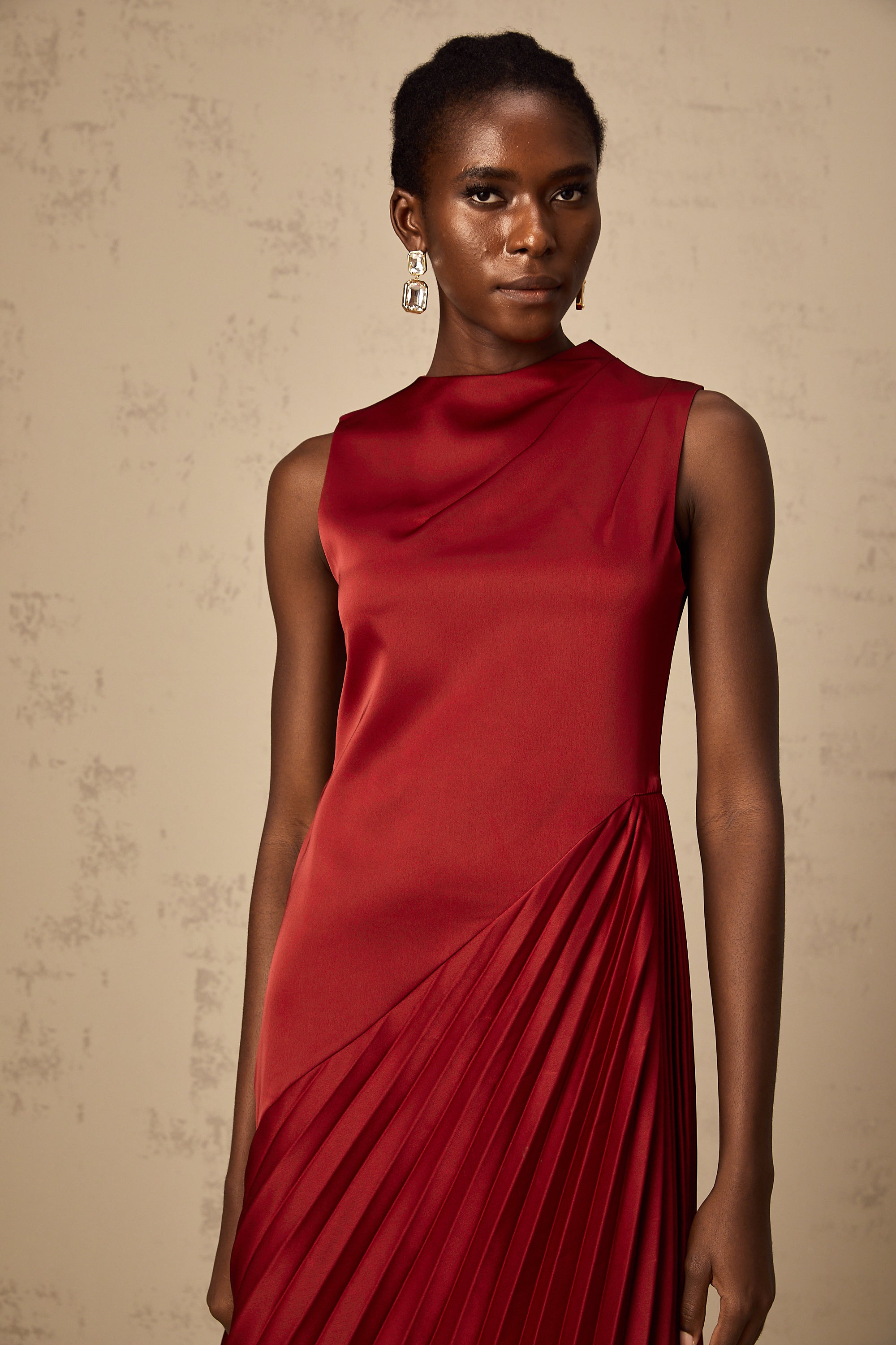 Merle wine red asymmetrical pleated midi dress (Final Sale-US Only)