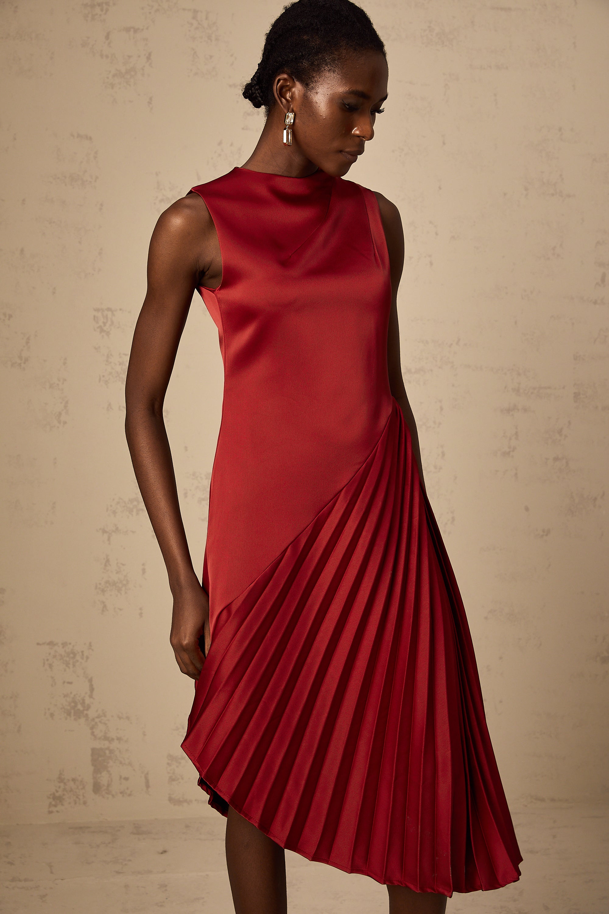 Merle wine red asymmetrical pleated midi dress (Final Sale-US Only)