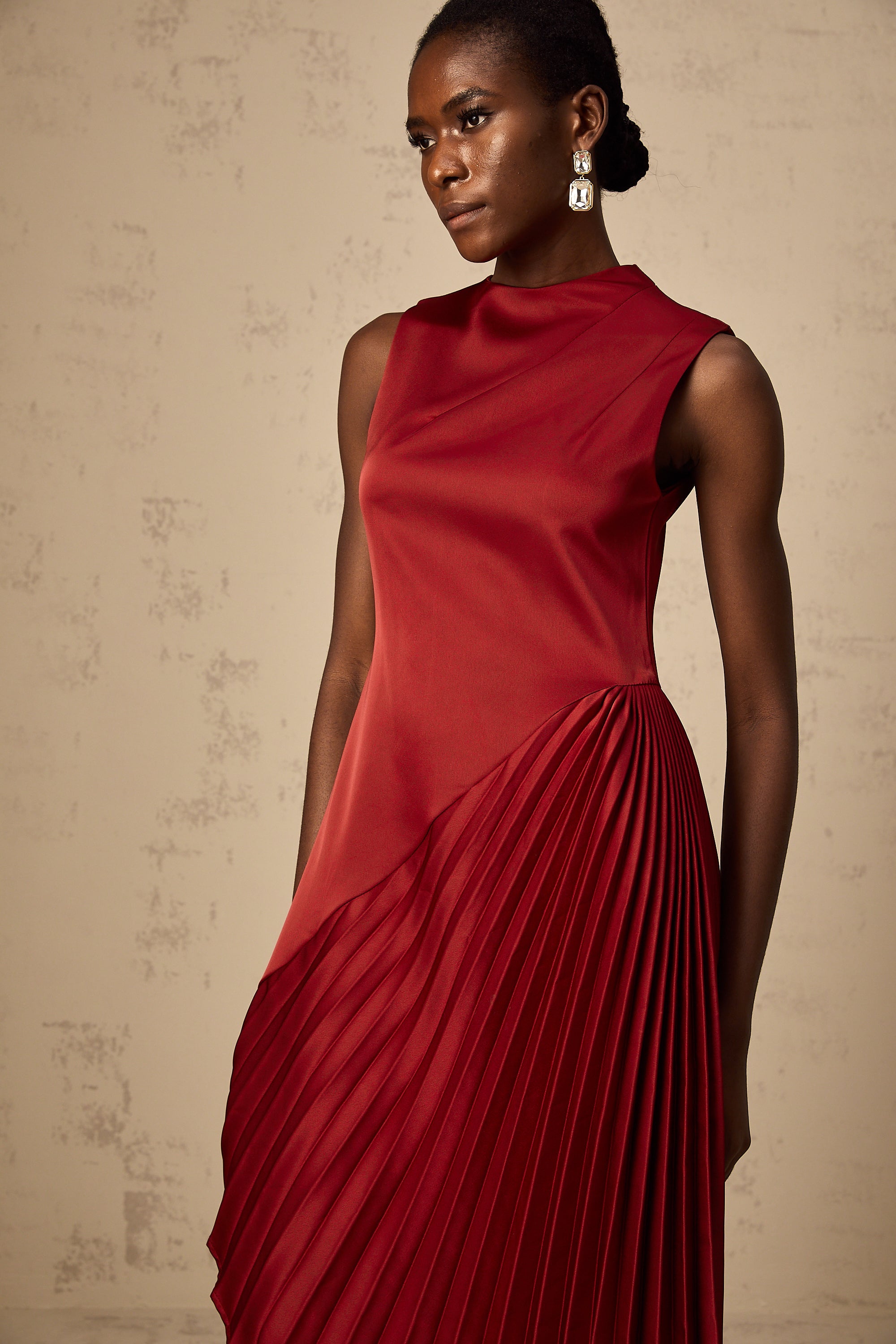 Merle wine red asymmetrical pleated midi dress (Final Sale-US Only)