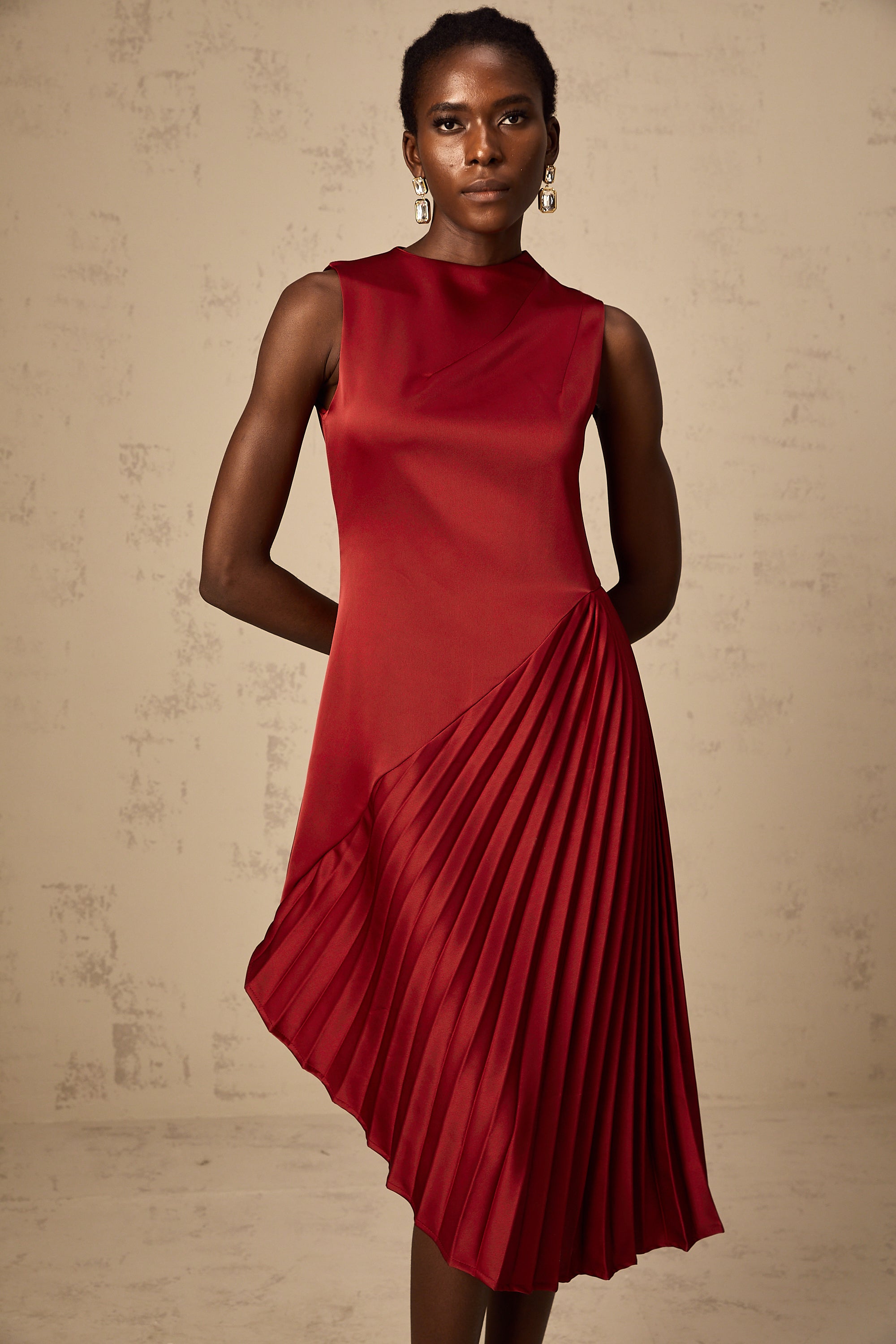 Merle wine red asymmetrical pleated midi dress (Final Sale-US Only)
