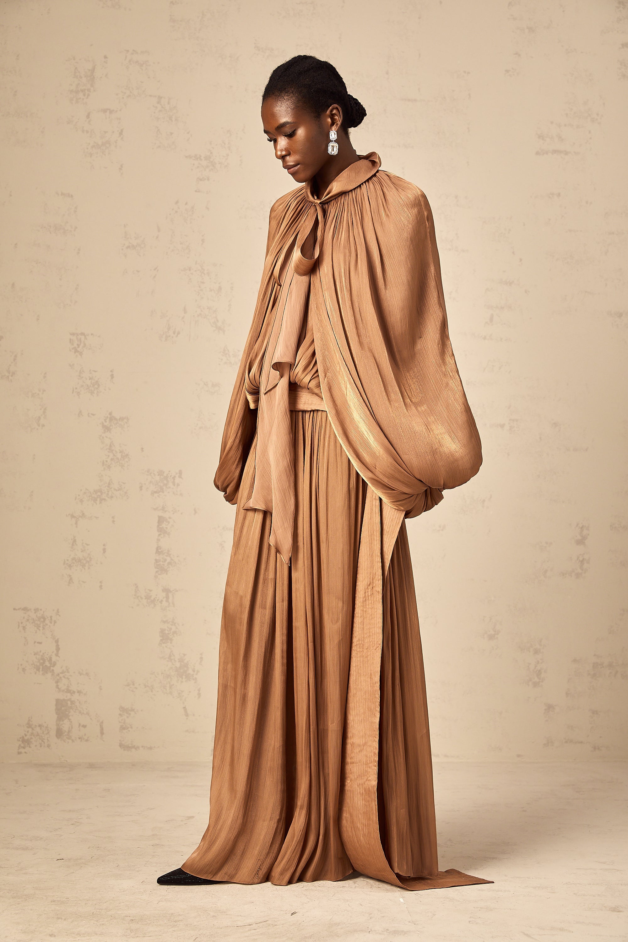 Mila Brown Pleated Satin Maxi Dress