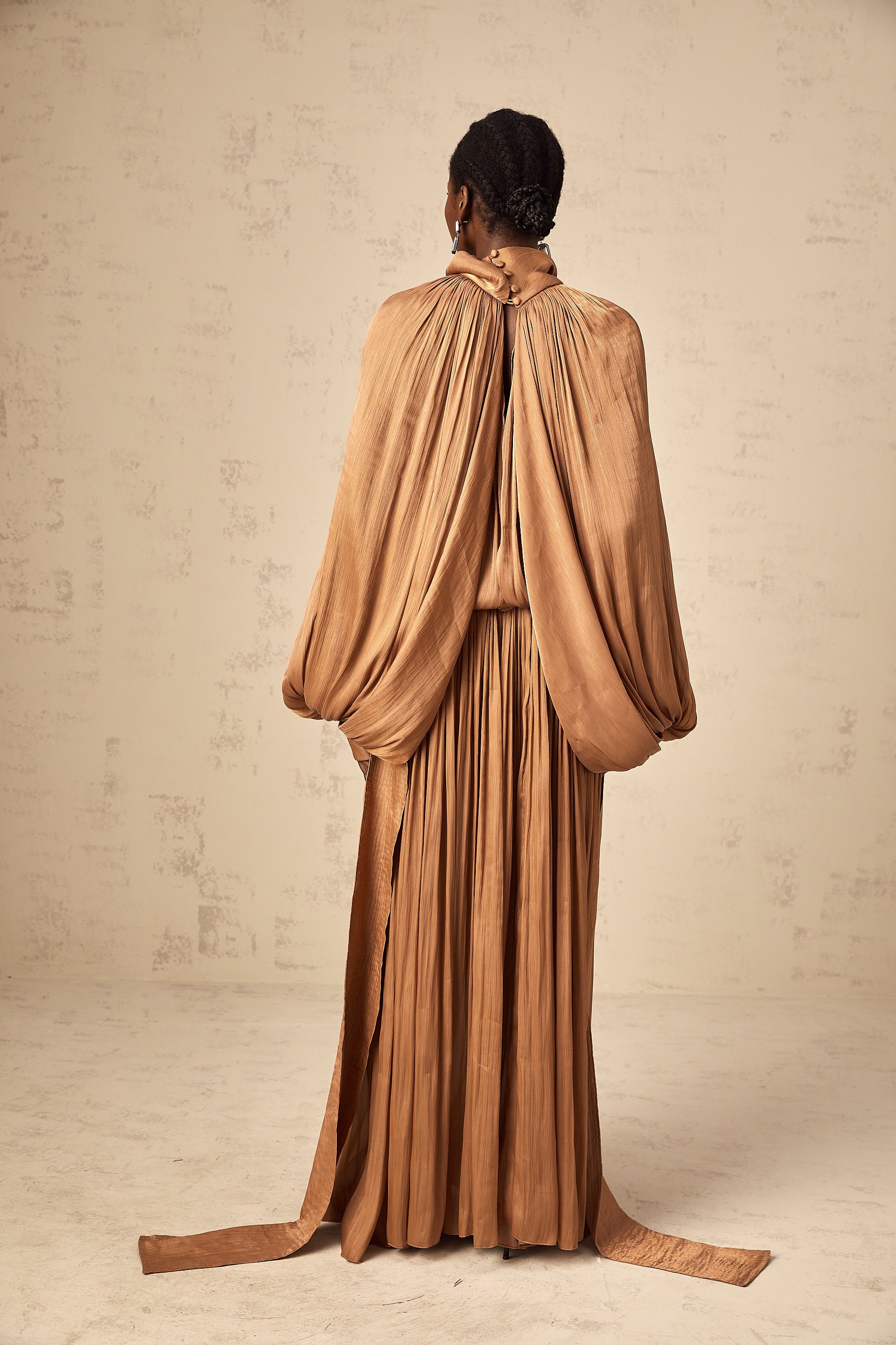 Mila Brown Pleated Satin Maxi Dress (Final Sale-US Only)