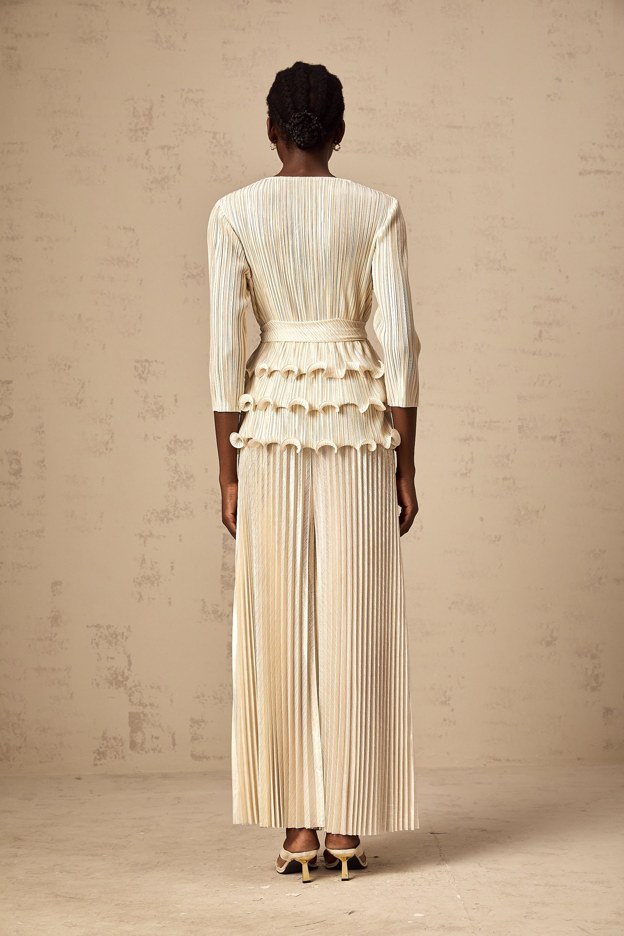 Cloris floral-appliqué ruffled pleated top & trousers (Final Sale)