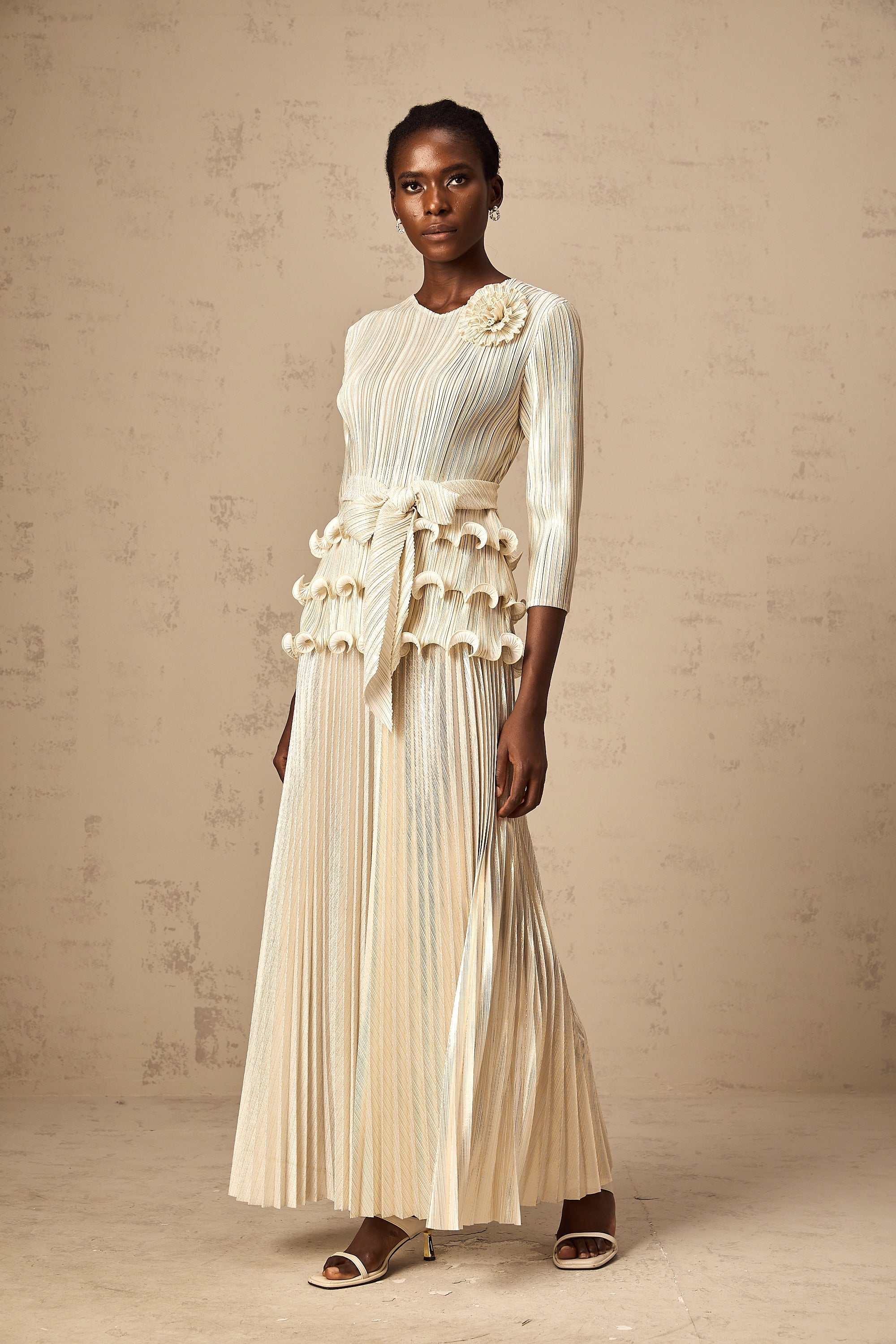 Cloris floral-appliqué ruffled pleated top & trousers (Final Sale)