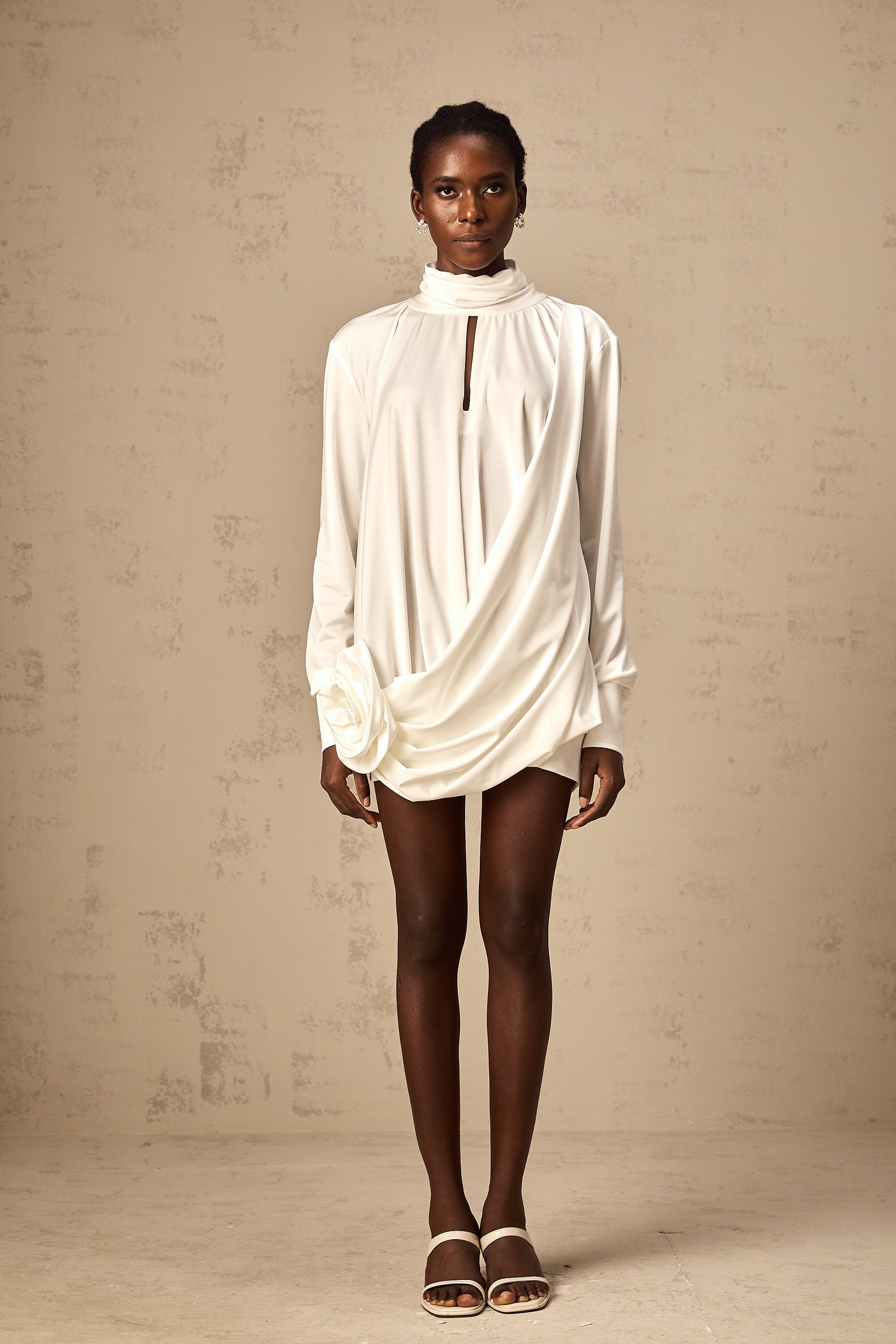 Maeva faux-flower ruched mini dress in White (Final Sale)