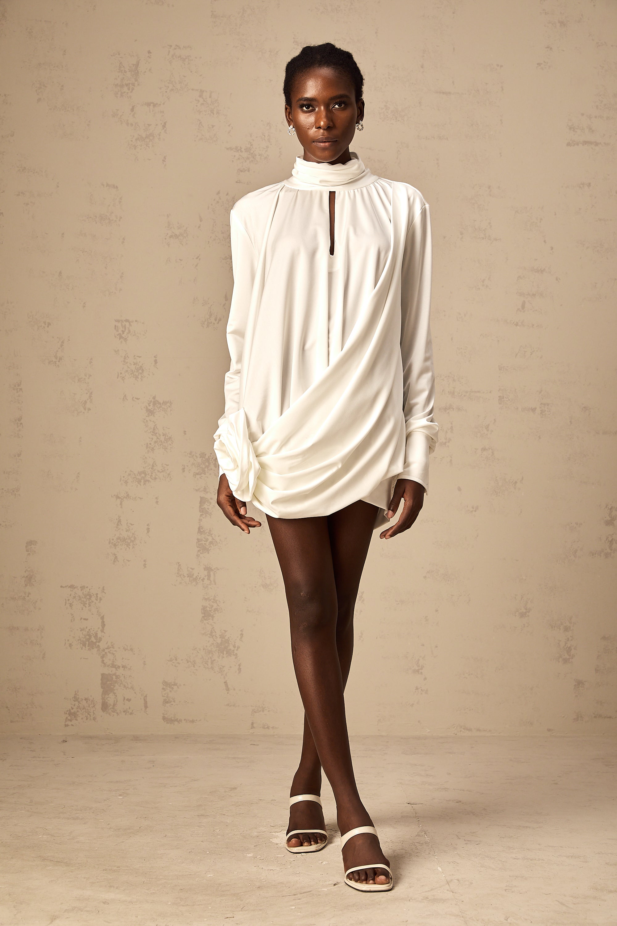 Maeva faux-flower ruched mini dress in White (Final Sale)