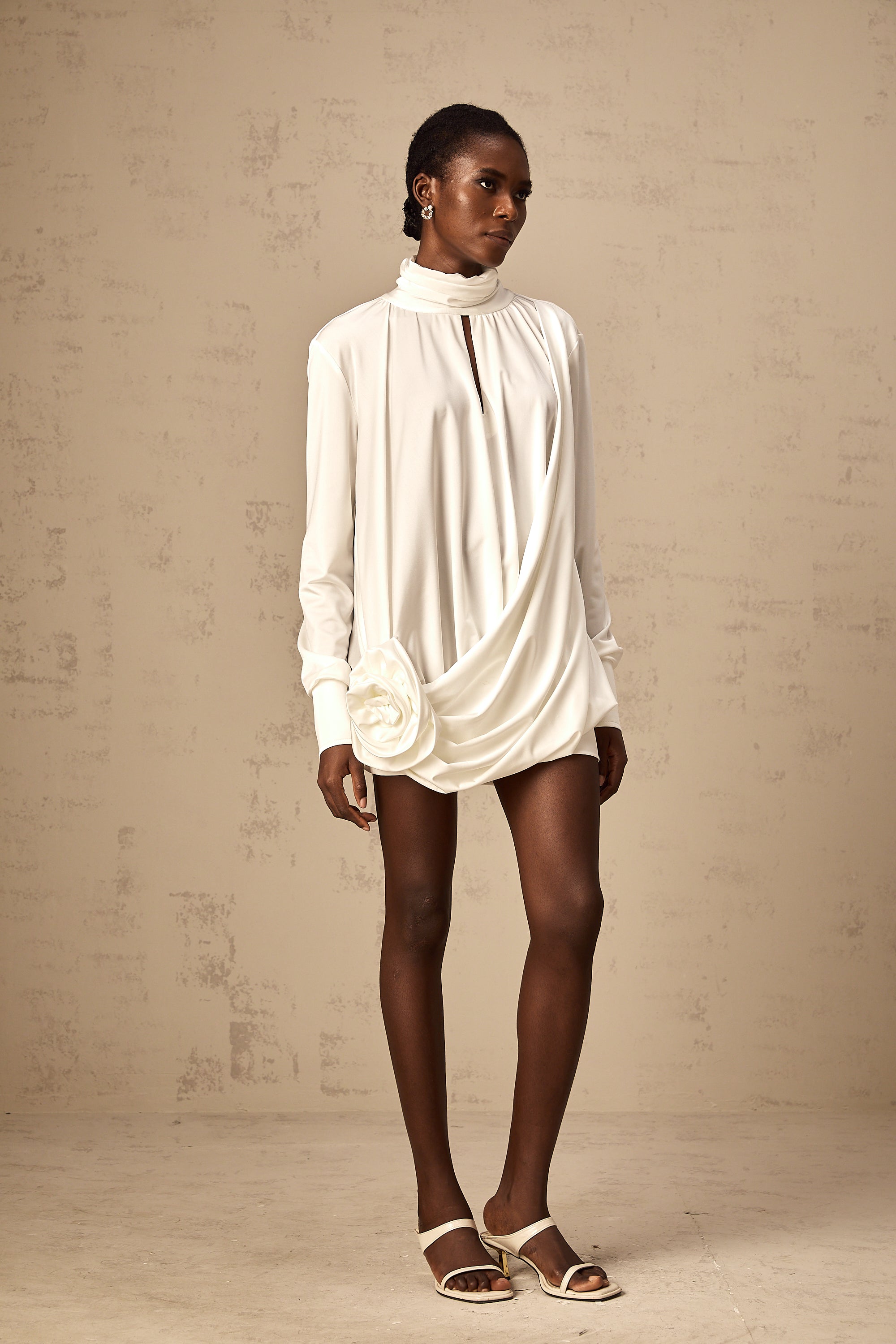Maeva faux-flower ruched mini dress in White (Final Sale)