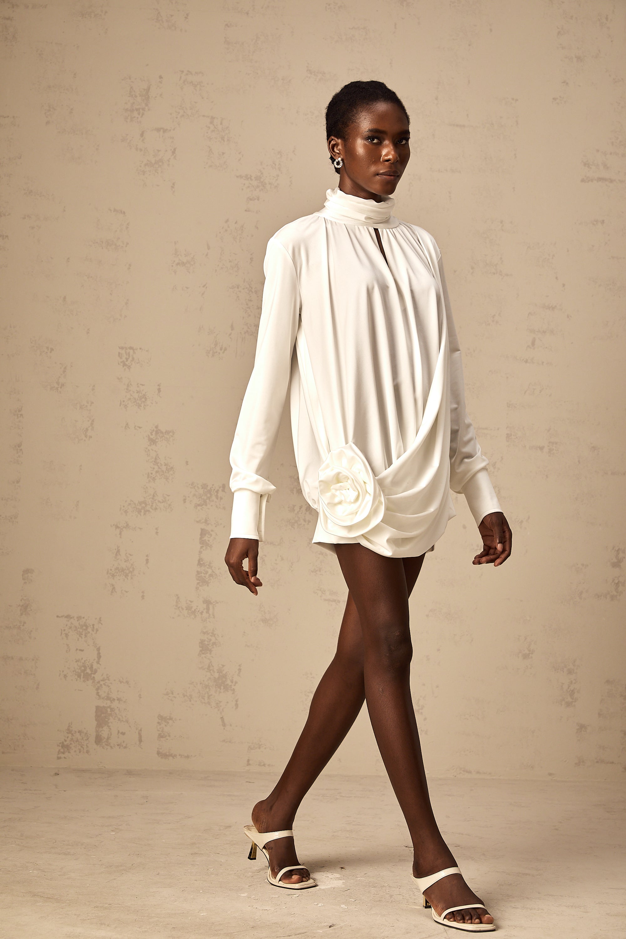 Maeva faux-flower ruched mini dress in White (Final Sale)