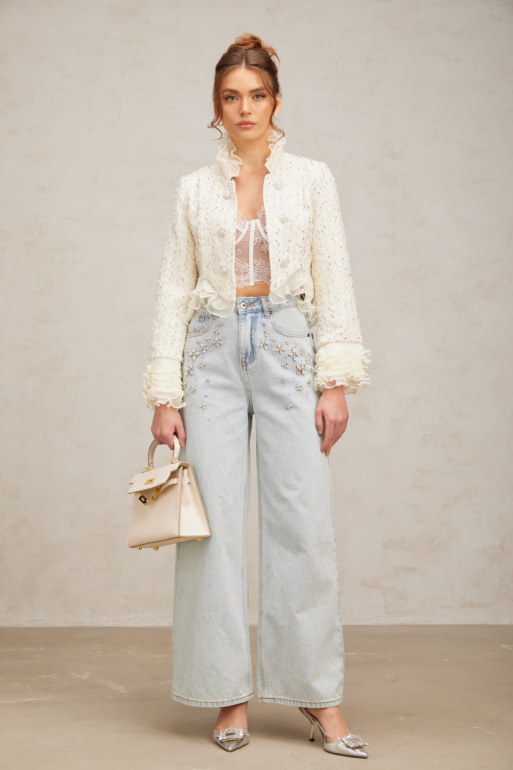 Blanche white beaded ruffle cropped jacket (Final Sale)
