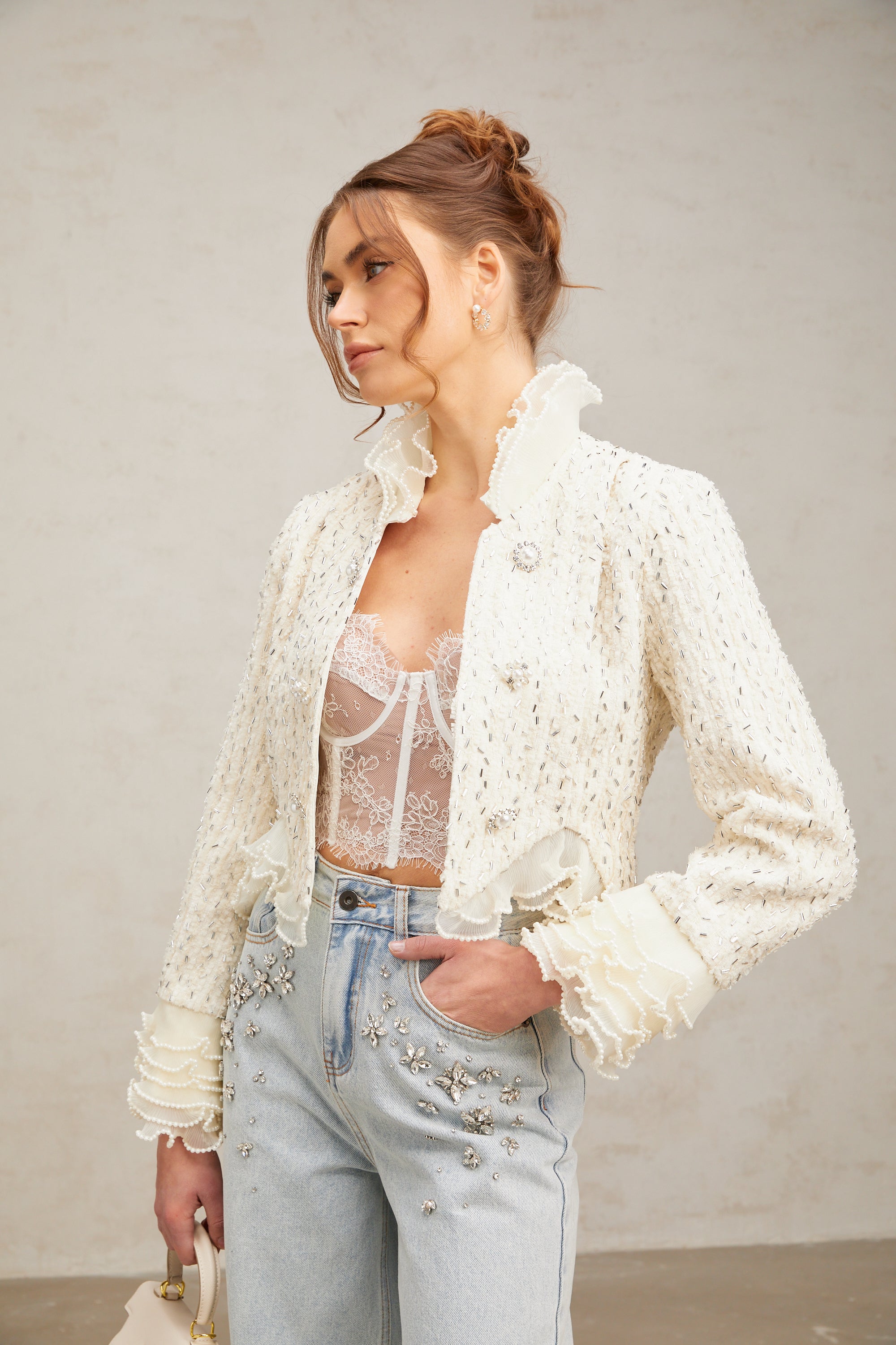 Blanche white beaded ruffle cropped jacket (Final Sale)