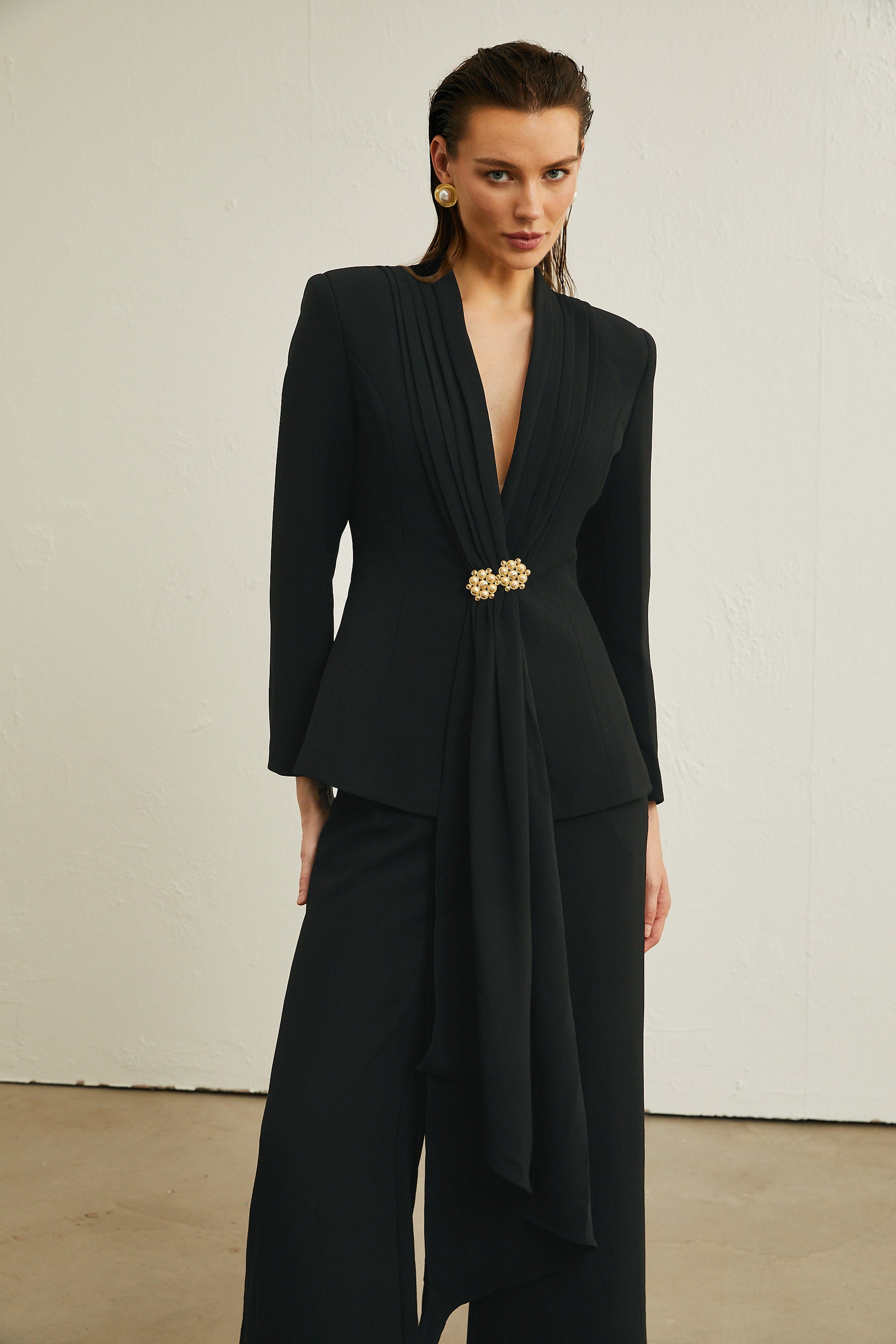 Suzanne black pleated jacket & trousers matching set (Final Sale)
