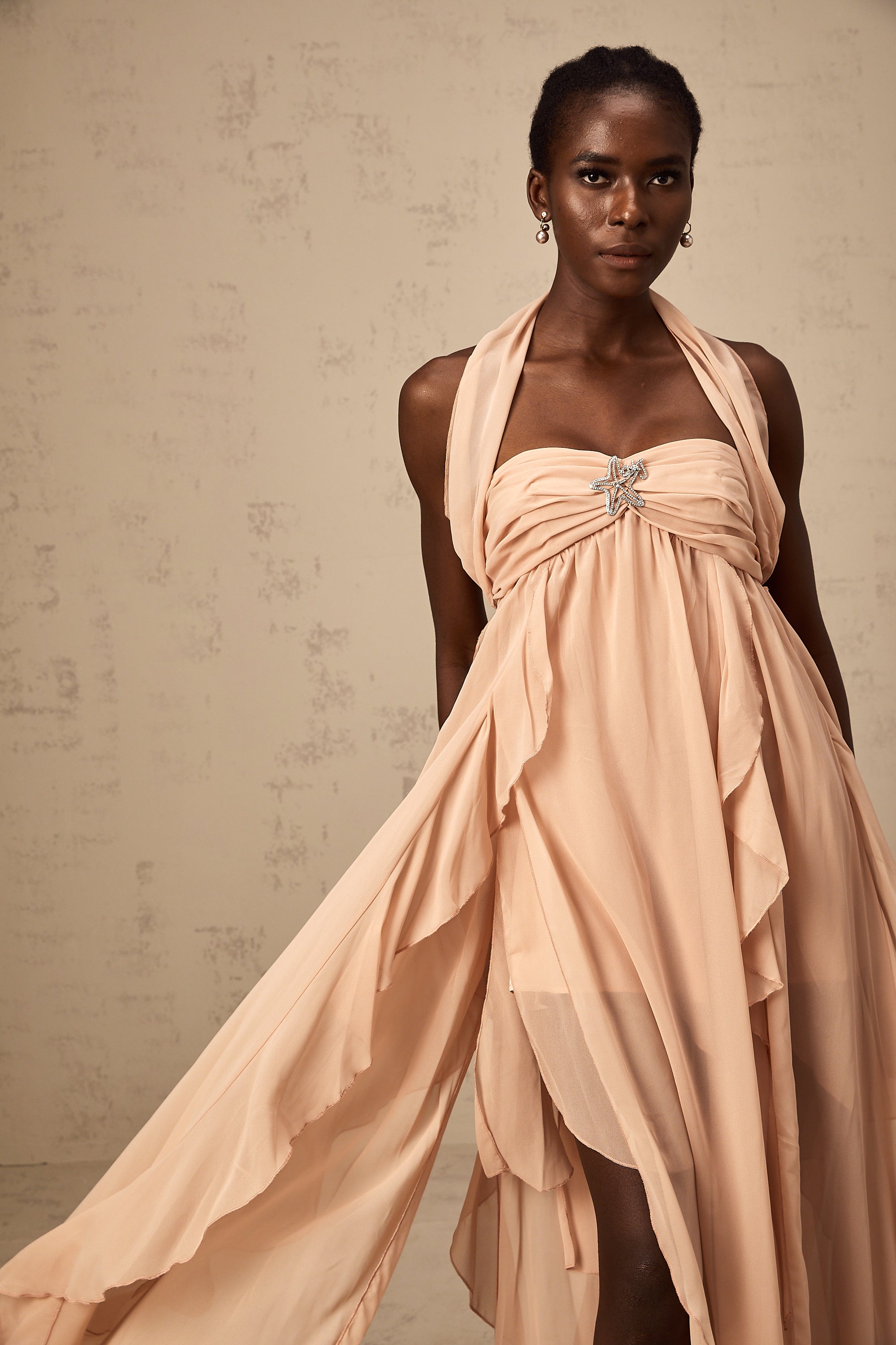 Mariah Pink Chiffon Ruffle Halterneck Maxi Dress