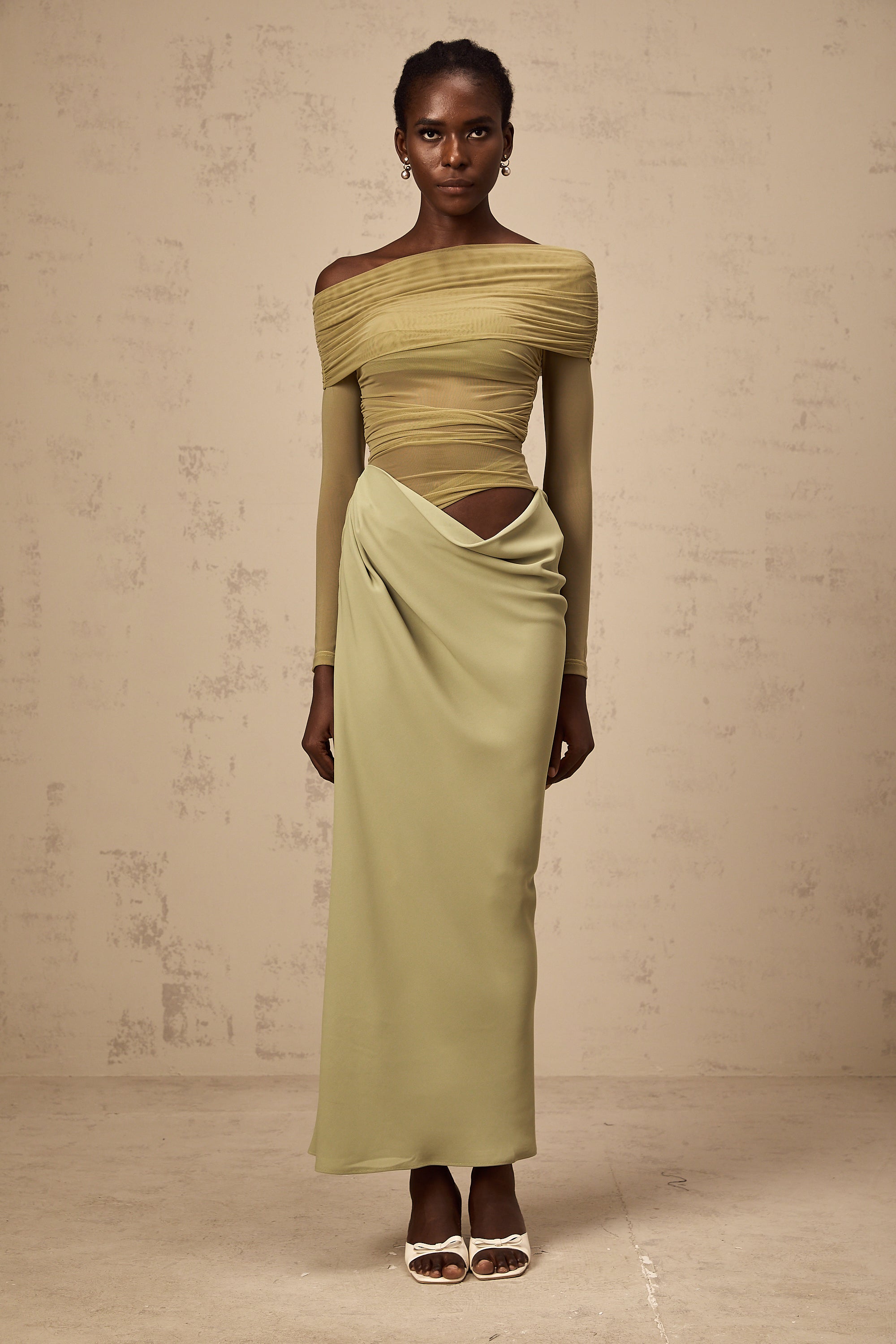 Estelle off-shoulder semi-sheer midi dress in Green (Final Sale-US Only)