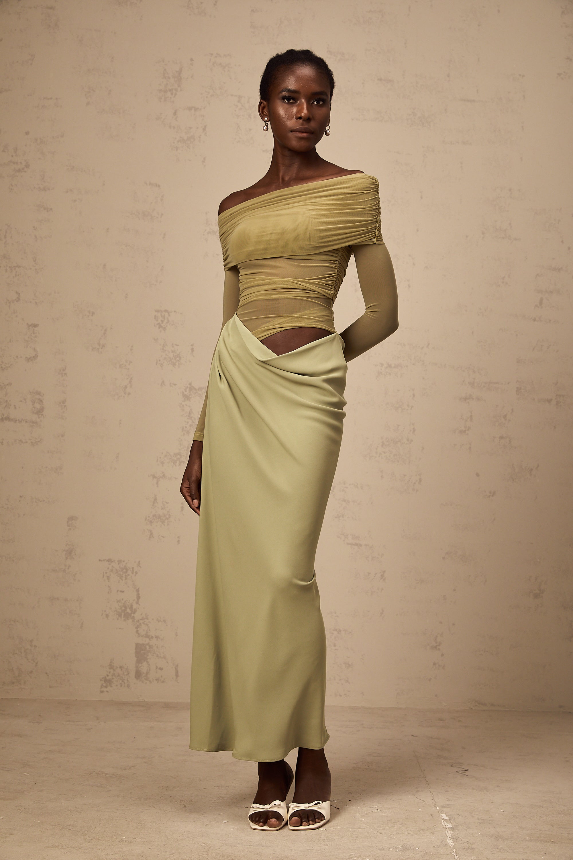 Estelle off-shoulder semi-sheer midi dress in Green (Final Sale-US Only)
