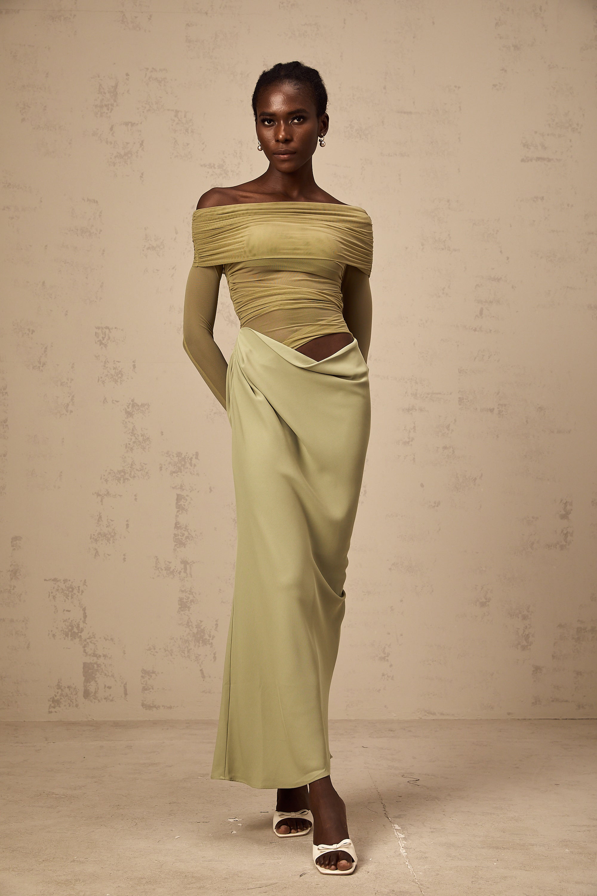 Estelle off-shoulder semi-sheer midi dress in Green (Final Sale)