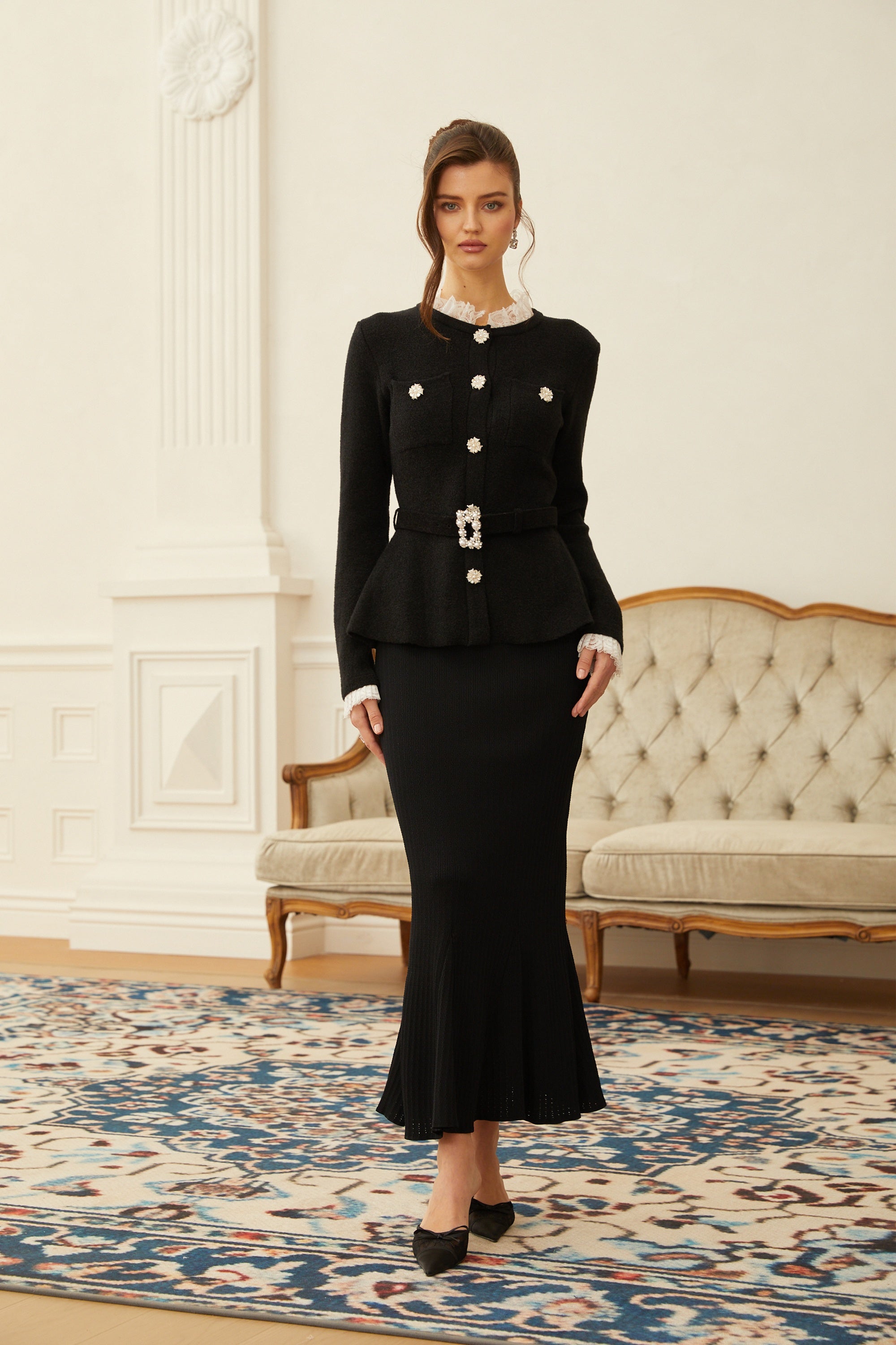 Ellinor Black Embellished Knit Top & Skirt Set (Final Sale)