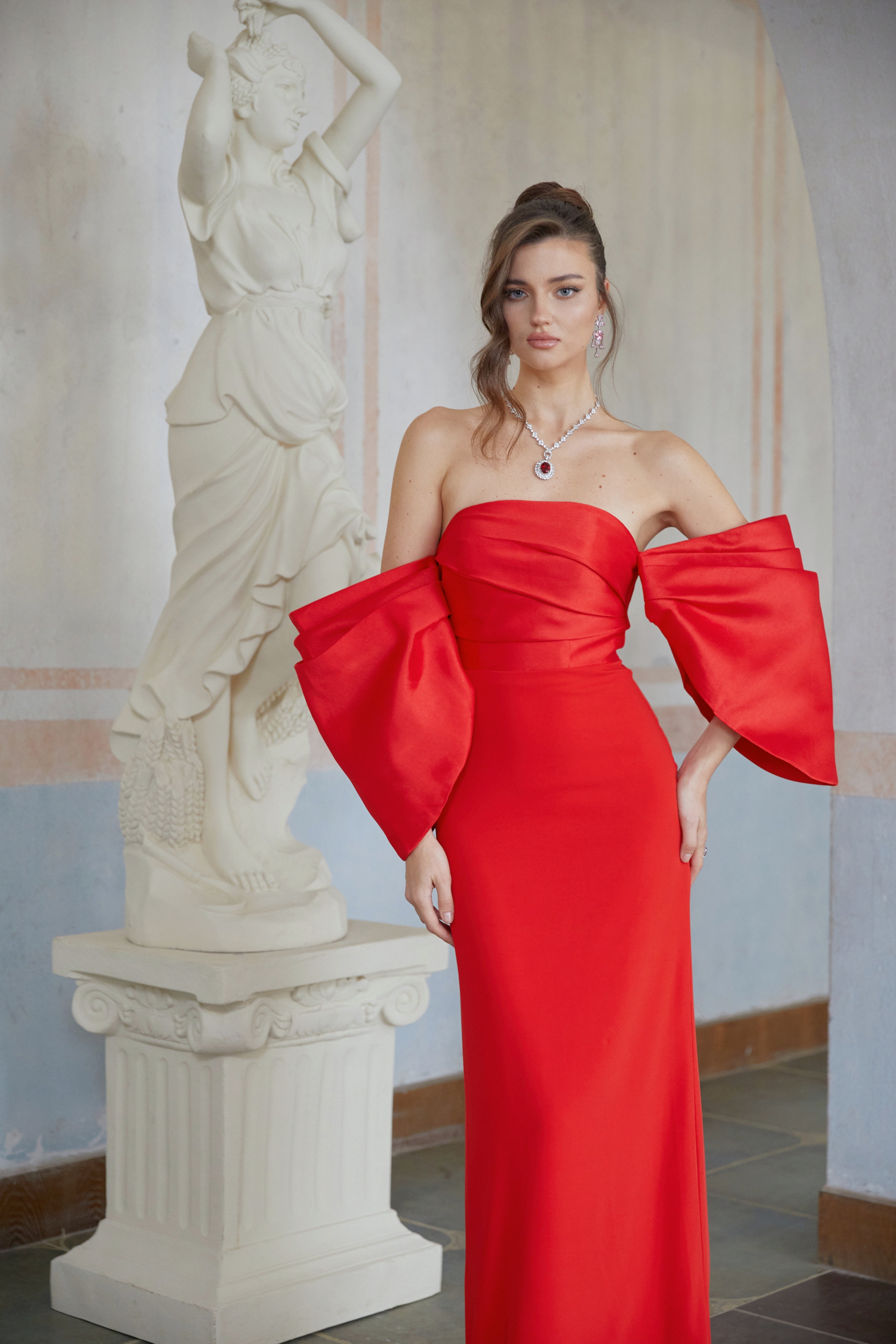 Verity Red Off Shoulder Gathered Maxi Gown (Final Sale-US Only)