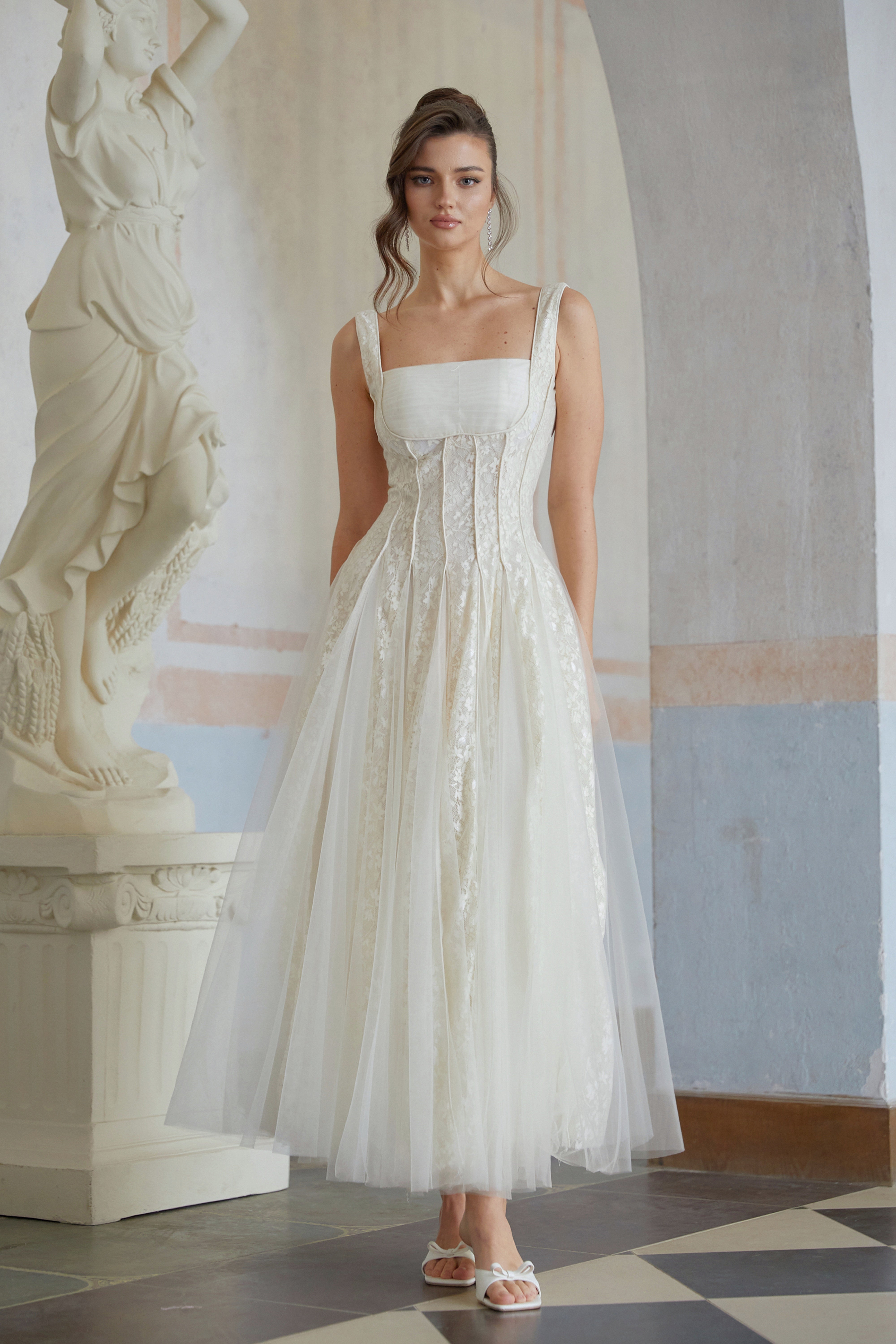 Fiadh Neutral Tulle Panel Lace Maxi Dress (Final Sale-US Only)